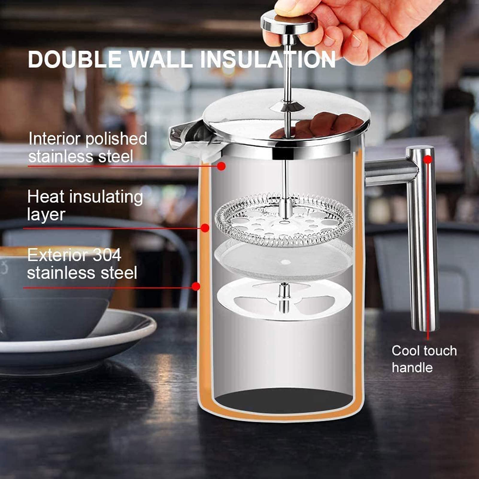 Cafetiere French Press ekspres do kawy, stal nierdzewna podwójna ścianka odporny na ciepło dzbanek do kawy na dobrą kawę w domu i biurze, 350 ml
