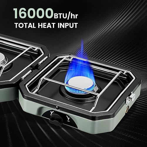 Miniatura 4 de Estufa de campamento de propano de 2 quemadores con parrilla, estufa portátil de propano de 16000 BTU con 2 quemadores ajustables e encendido