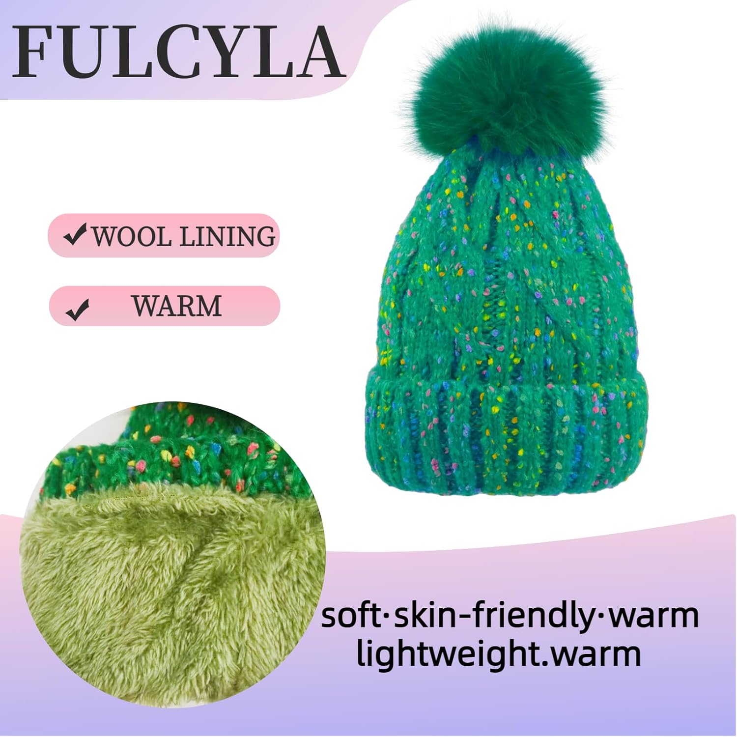 Winter Knit Beanie Hat for Girls Women Parent-Child with Faux Pom Warm Fleece Lined