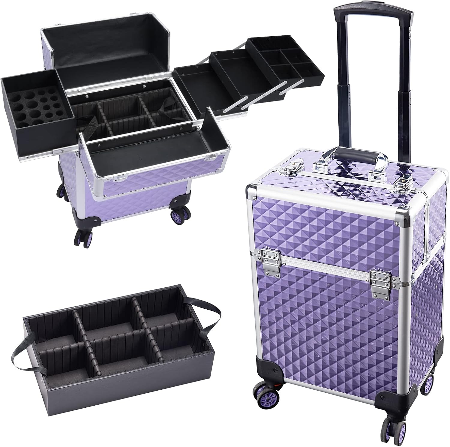 Stagiant Aluminum Rolling Makeup Train Case Large Organizer Cosmetic Trolley 4 Tray Sliding Rail Removable Middle Layer with Key Spinner Wheels Salon Barber Storage Case - Purple Diamond : Beauty & Personal Care