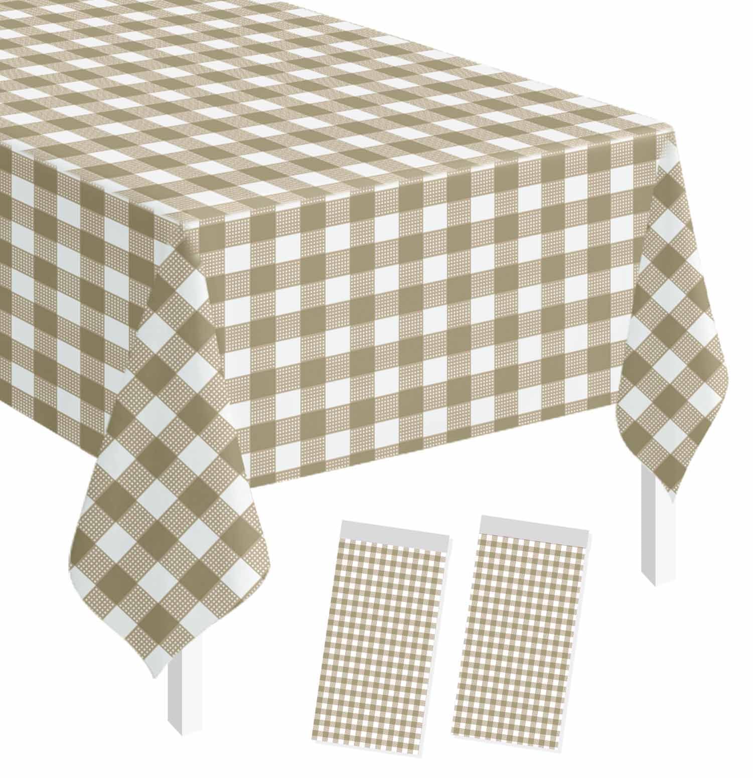 SietDESEO 2 Pack Brown Gingham Tablecloth Rectangle 54 x 108 Brown and White Checkered Table Cloth Disposable Plaid Table Cover Plastic for Birthday Baby Shower Picnic Wedding Party Supplies
