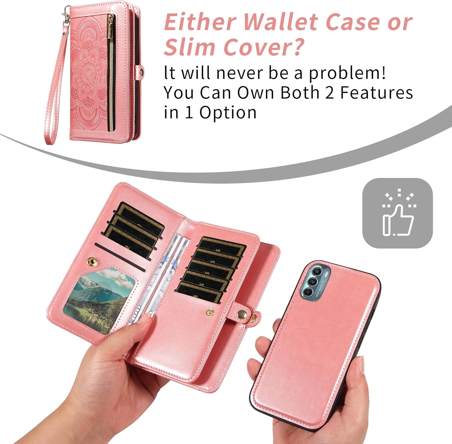 Asuwish Phone Case for Motorola Moto G Stylus 5G 2022 Zipper Wallet Detachable Cell Cover with Tempered Glass Screen Protector Strap Flower Card Holder XT2215-1 XT2215-4 XT2215DL Women Girls Rose Gold