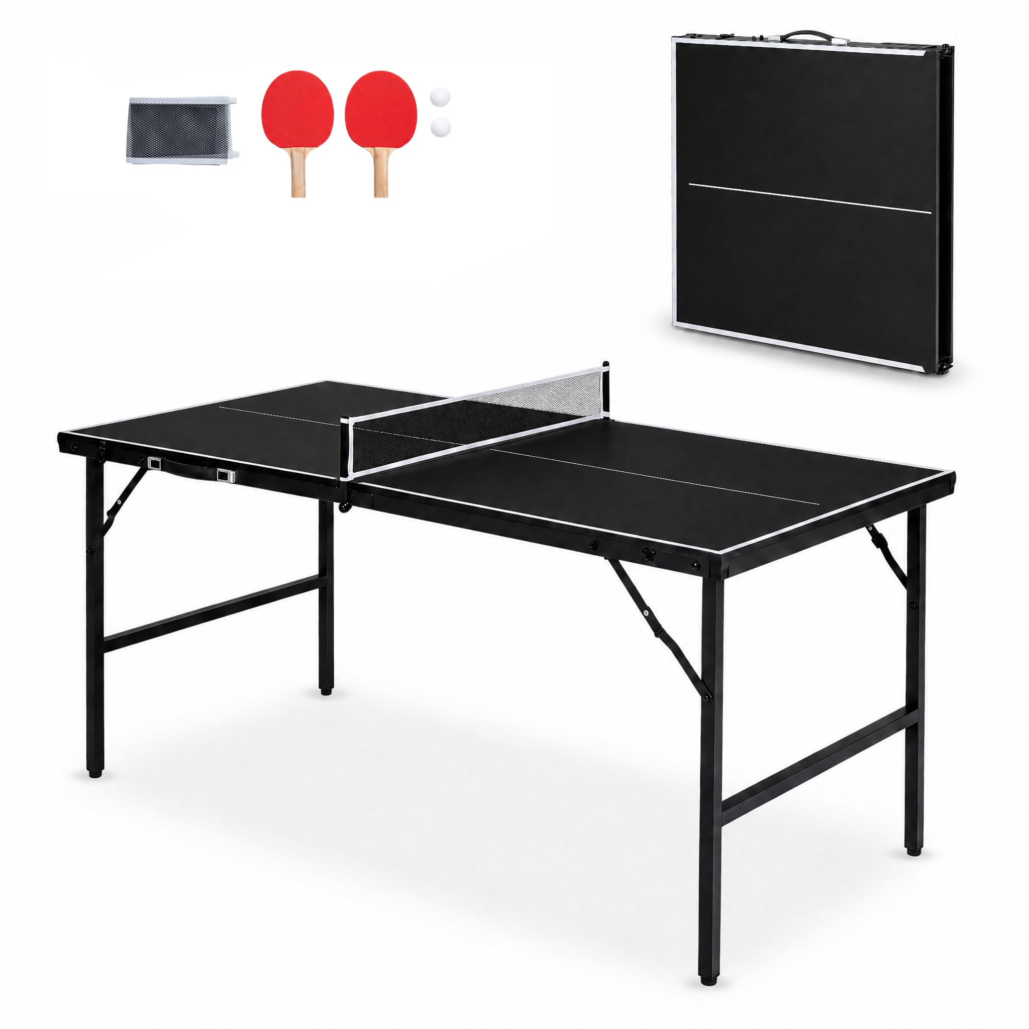 LIFEZEAL Ping Pong Tisch, Tischtennisplatte Mini aus Metall, Ping-Pong Table mit Netz, Bälle, Schläger, Klappbarer Tischtennistisch Set Indoor für Tischtennissport (Schwarz, 152,5 x 76 x 71 cm)
