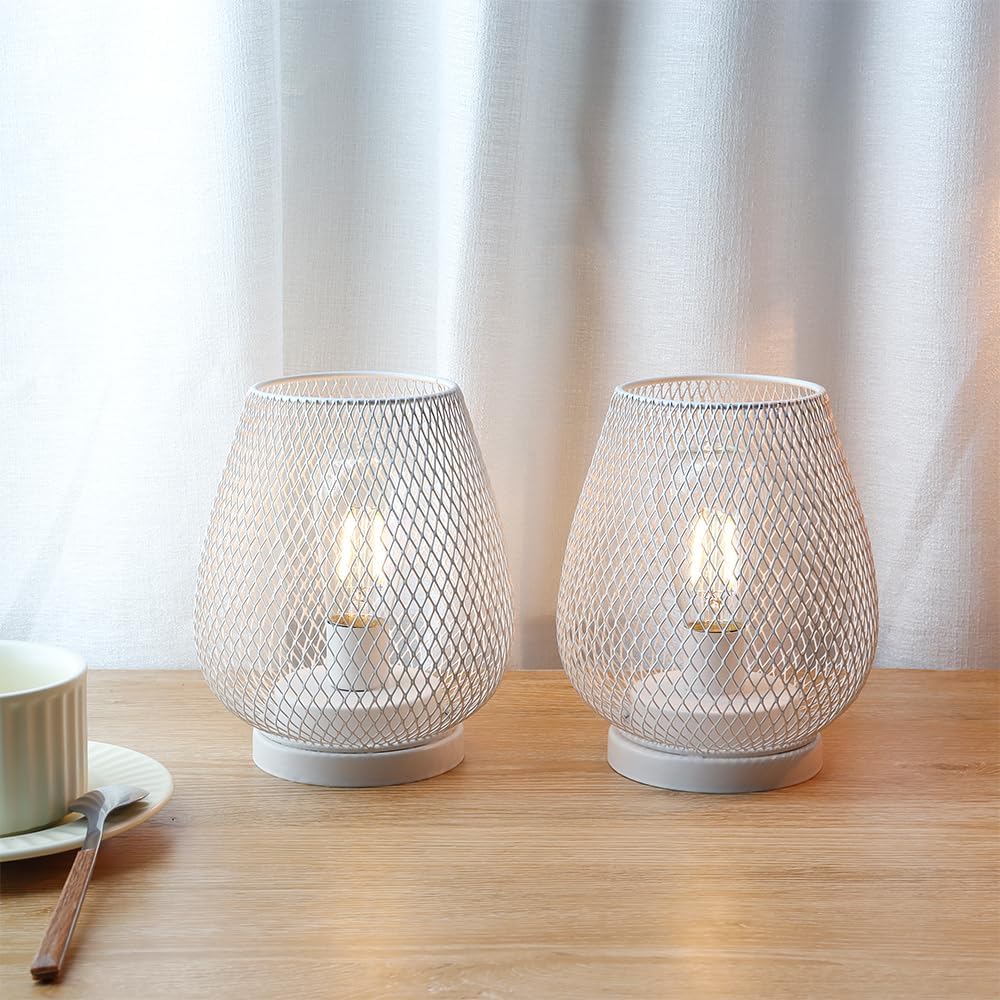 JHY DESIGN Set of 2 Metal Cage LED Lantern Battery Powered Cordless Accent Light with LED Great for Weddings Parties Patio Events for Indoors Outdoors(White)