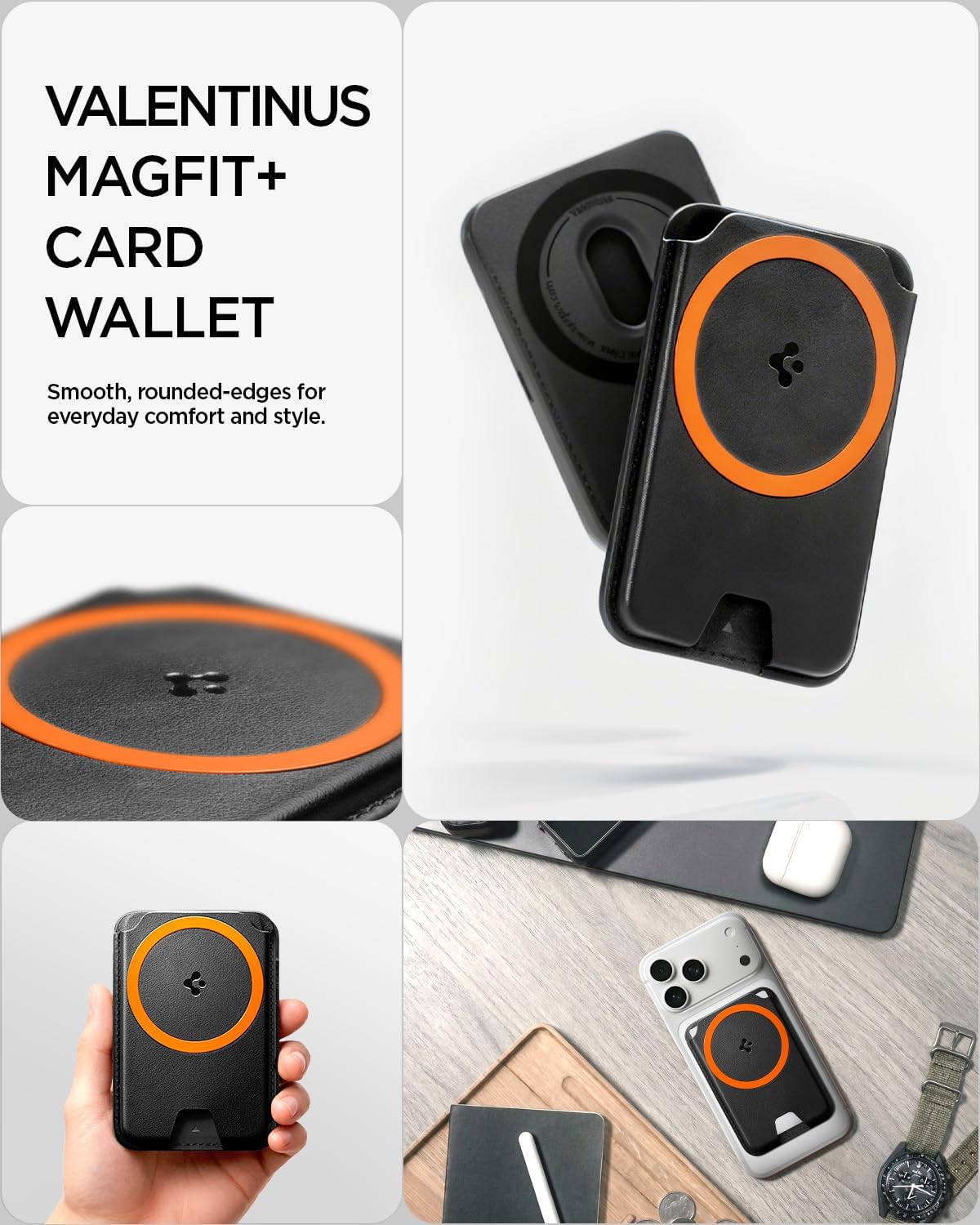 Spigen for MagSafe Wallet, Holds 5 Cards, MagFit Compatible with iPhone 17/16/15/14/13/12 Models, Pixel 10 Series, MagSafe-Cases, Pixelsnap and More, Card Holder - PU Black (5-Cards/MagFit+)