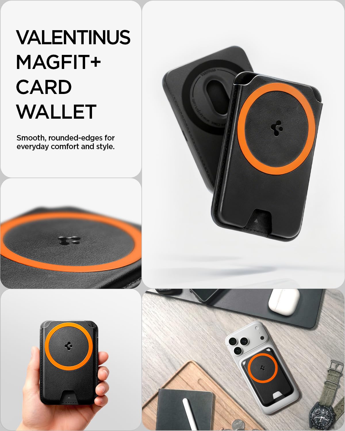 Spigen Valentinus MagFit+ Porte-Cartes Magnétique 5 Cartes Compatible avec iPhone 17/16/15, Autres modèles MagSafe, Google Pixel série 10 avec Pixelsnap Accessoires MagSafe - Noir