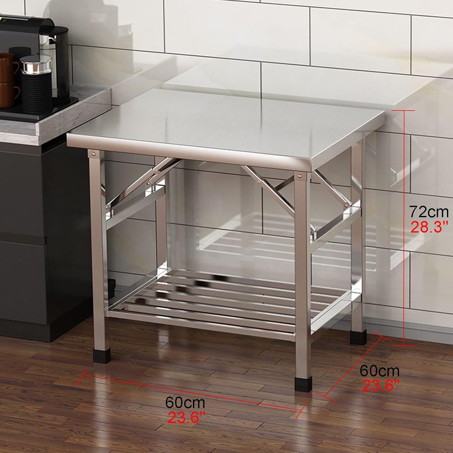 2-Layer Thickened 304 Stainless Steel Work Table Commercial Kitchen Workbench Outdoor Camping Folding Storage Table Easy to Clean H 55/72cm