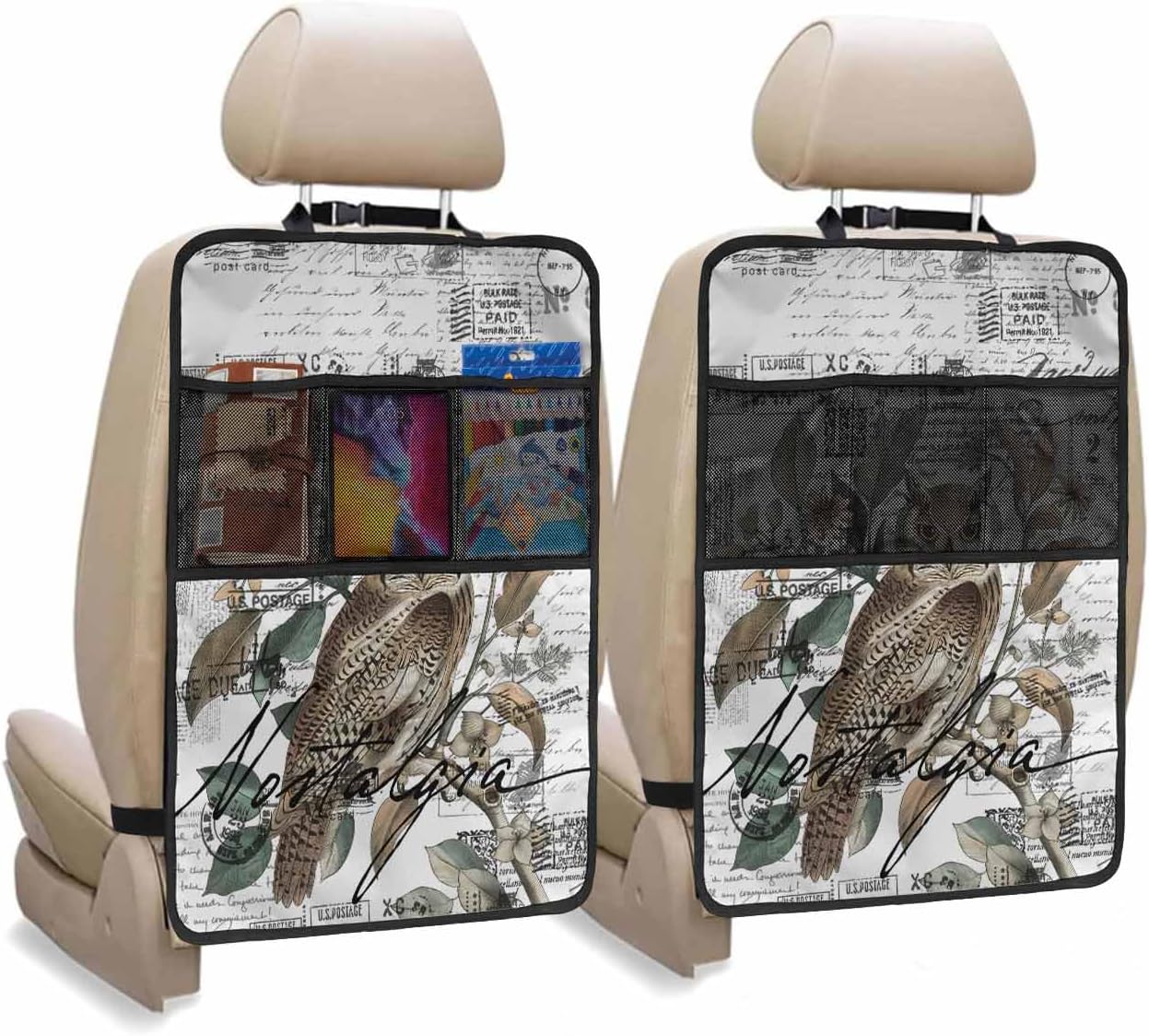 T&H XHome Car Seat Protector, 2 Pack Kick Mats with Organizer - 3 Pocket Storage, Owl Envelope Postmark Pattern Back Seat Cover for Kids Universal Fit Automotive Interior Protectors