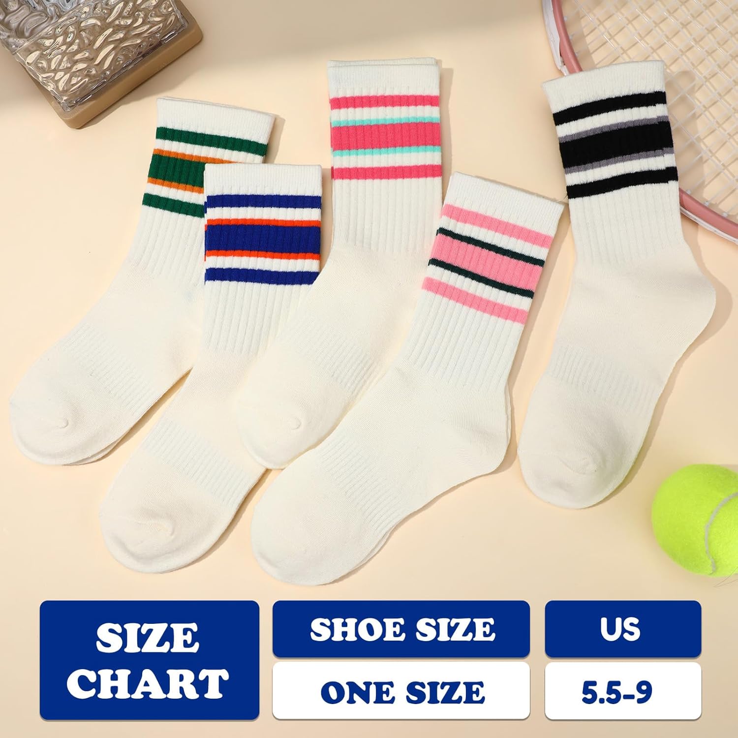 5 Pairs Retro Striped Crew Socks Athletic Cotton Breathable Socks for Women - Image 6