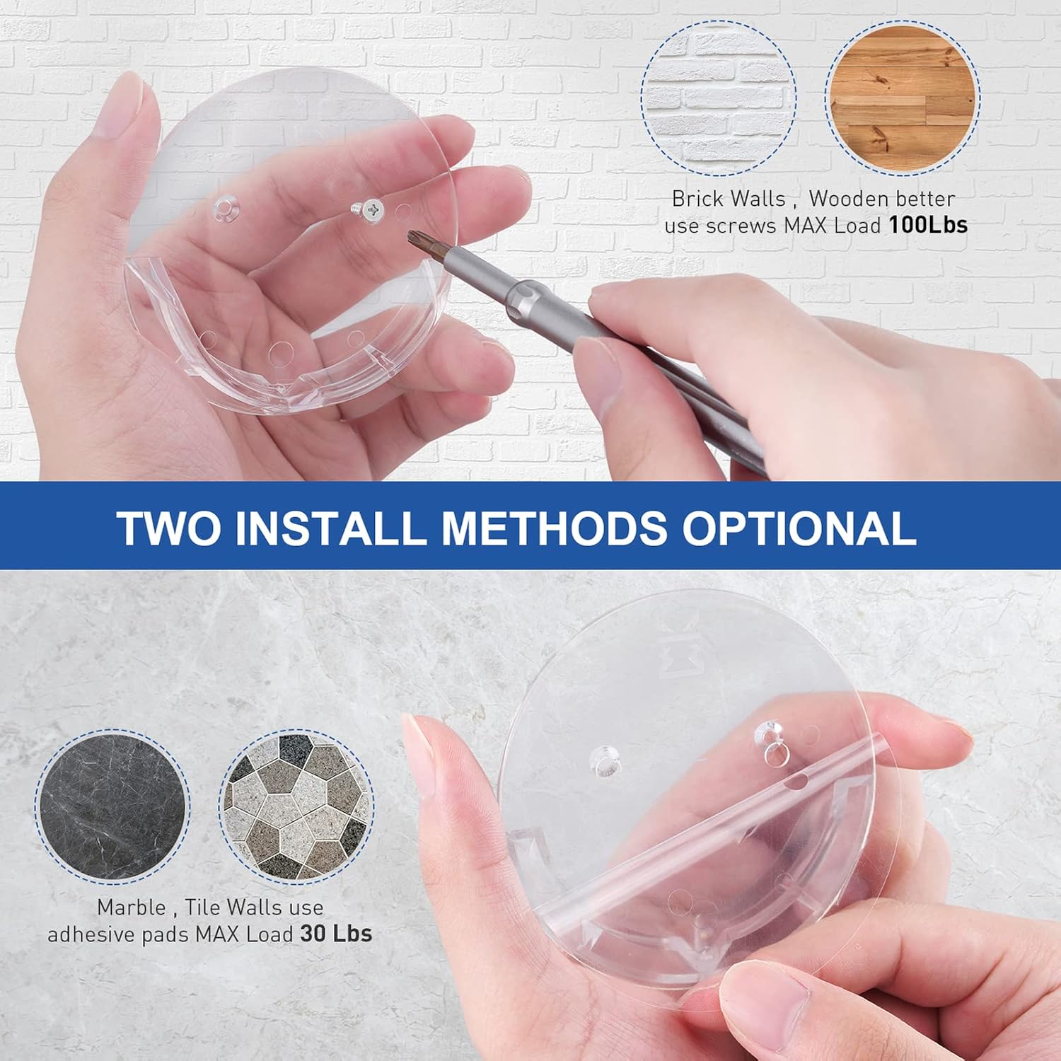 Shower Curtain Rod Holder for Wall – Adhesive Bathroom Tension Rod Retainer with Wide Bracket Include Strong Tapes for No Drilling Quick Mount and 304 Screws for Permanent Installation (Gloss Clear)