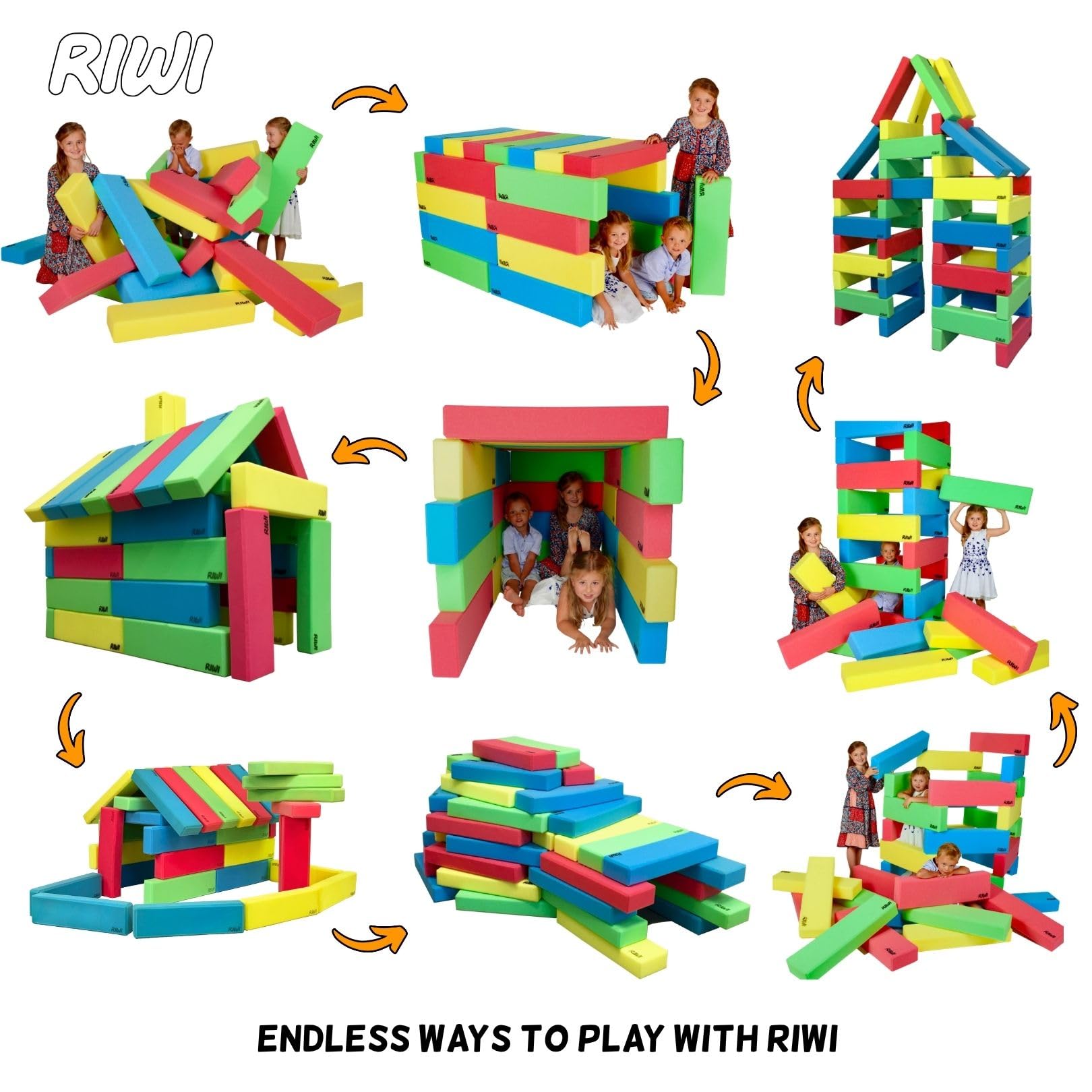 RIWI Set di 48 mattoncini da costruzione XXL in gommapiuma, grandi mattoncini morbidi per bambini, certificati TÜV Austria e Öko-Tex, lavabili in lavatrice