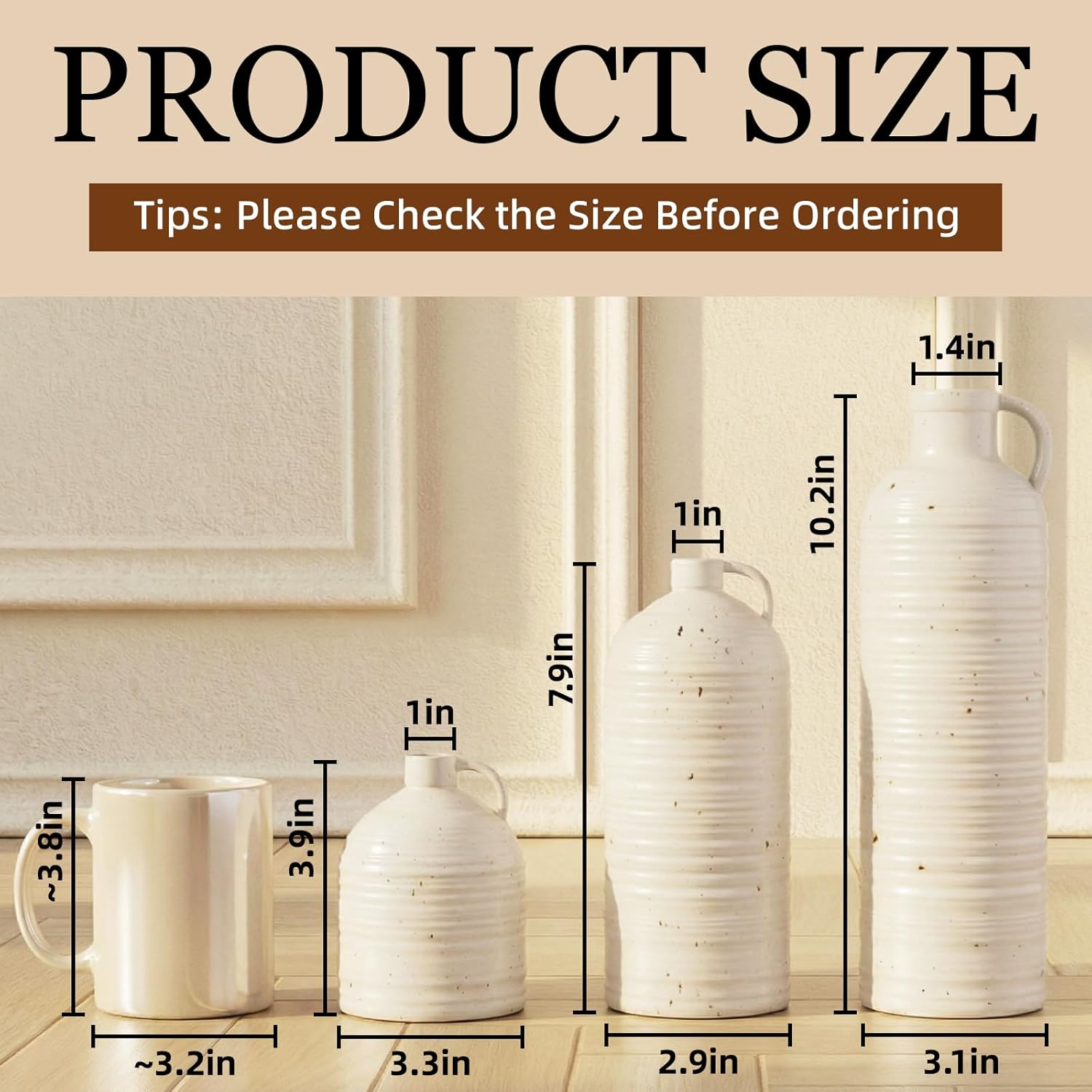 Firehold Ceramic Vase Set of 3, Rustic Home Decor Vases for Modern Farmhouse, White Boho Flower Vases for Shelf, Mantel, Table Decor, Small Decorative Vase for Dried Flowers & Pampas Grass