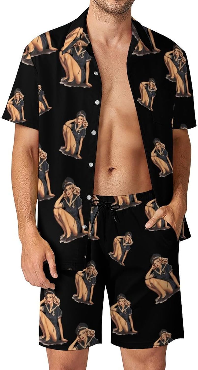 Pin-Up-Girls In Navy Uniform Men's Summer Beach Outfits Shirt And Shorts Set 2 Piece Vacation Swimwear