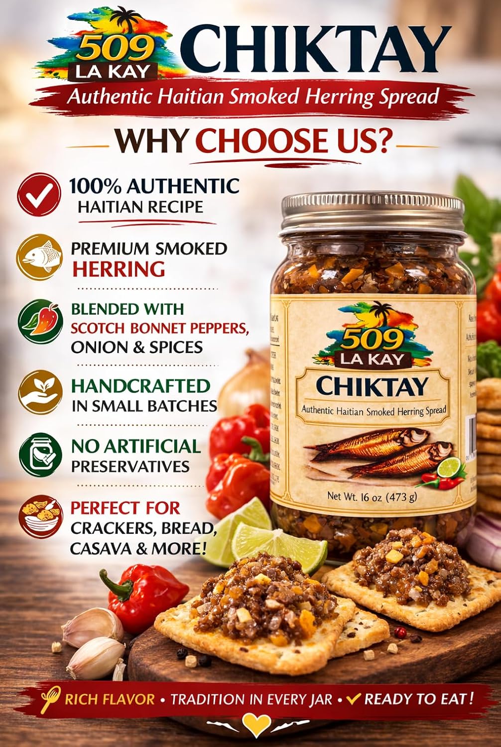 509LA KAY Chiktay – Authentic Haitian Smoked Herring Spread, Traditional Caribbean Spicy Fish Spread with Scotch Bonnet Peppers, Ready to Eat, 16 oz (473 g)