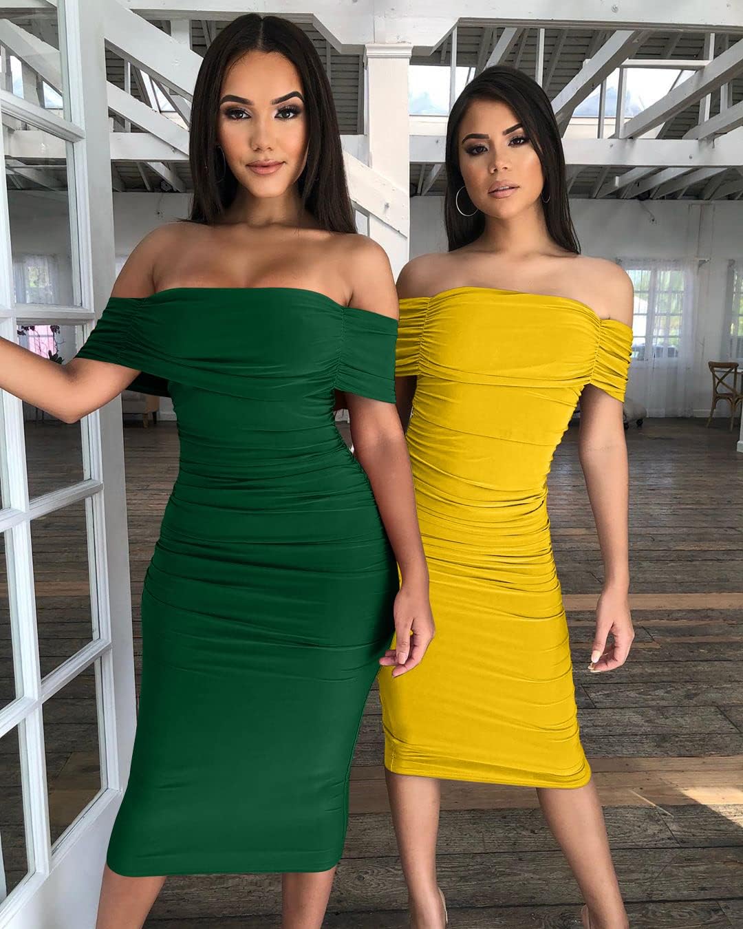 GOBLES Women's Ruched Off Shoulder Short Sleeve Bodycon Midi Elegant Cocktail Party Dress - Image 7