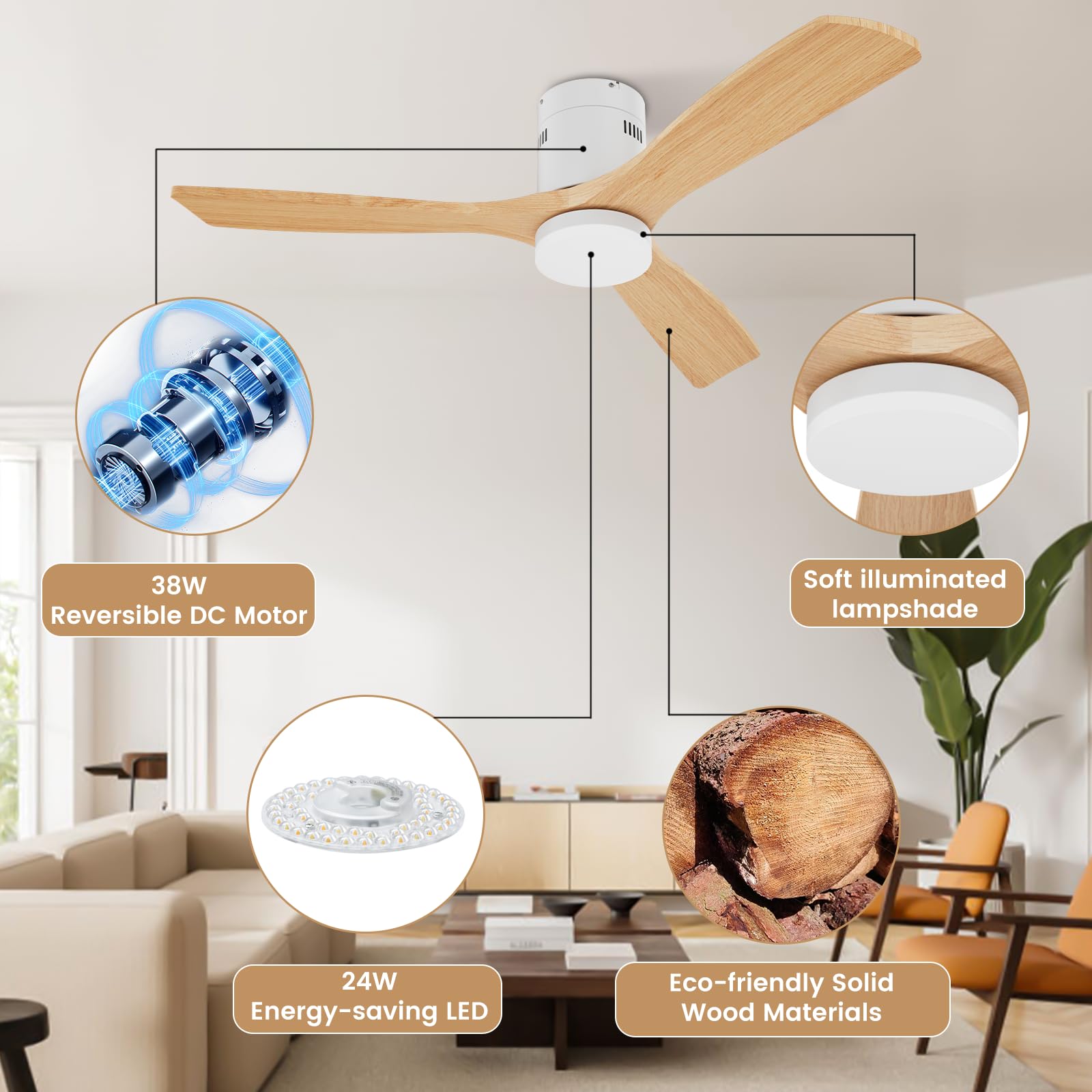 Holz Deckenventilator mit LED Beleuchtung 24W DC-Motor 132 cm Fernbedienung Timer
