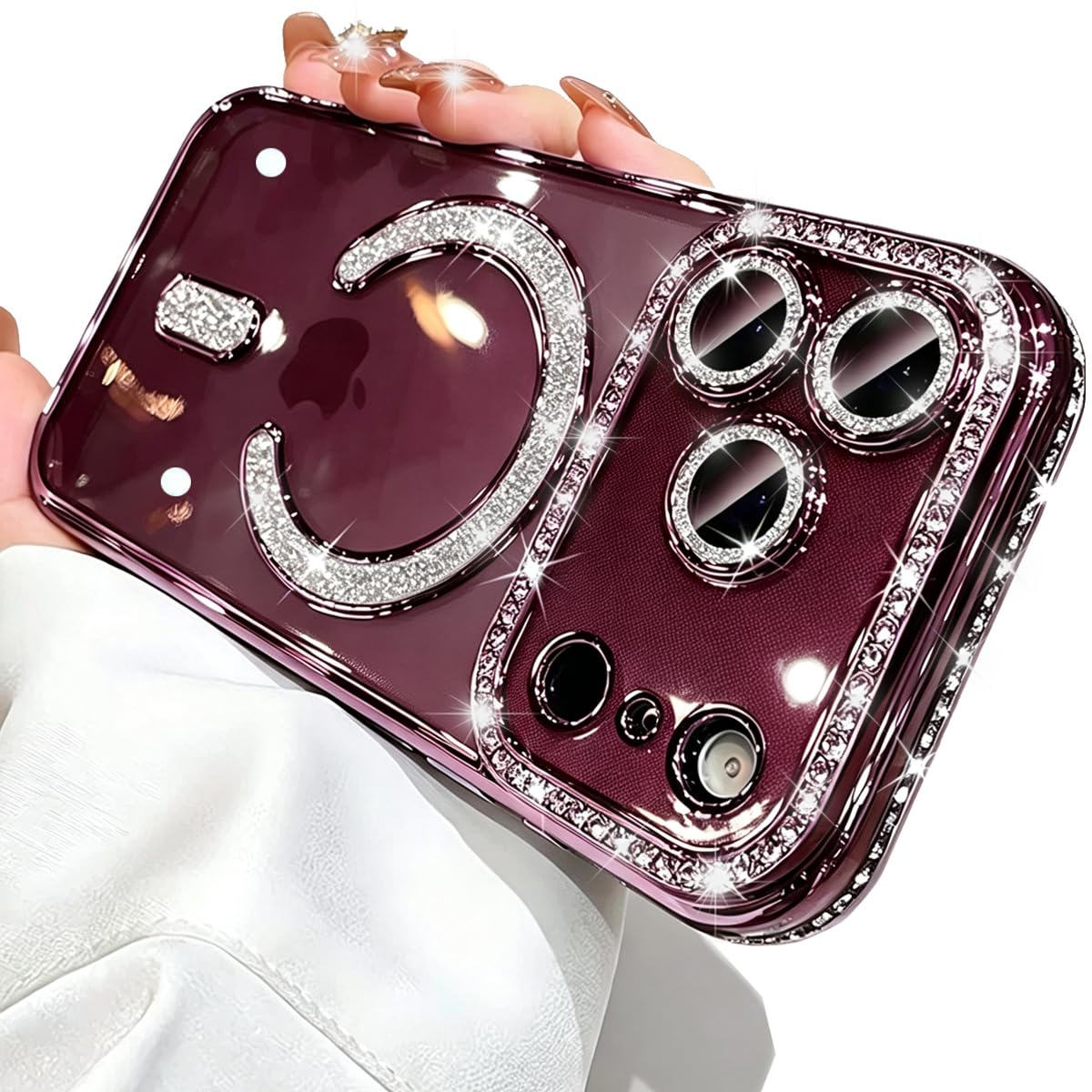 Changjia Magnetic Clear Glitter Case for iPhone 18 Pro Max,[Compatible with MagSafe]Cute Bling Sparkly Diamond Rhinestone with Camera Protector TPU Bumper Women Girl Case for iPhone 18Pro Max,Burgundy