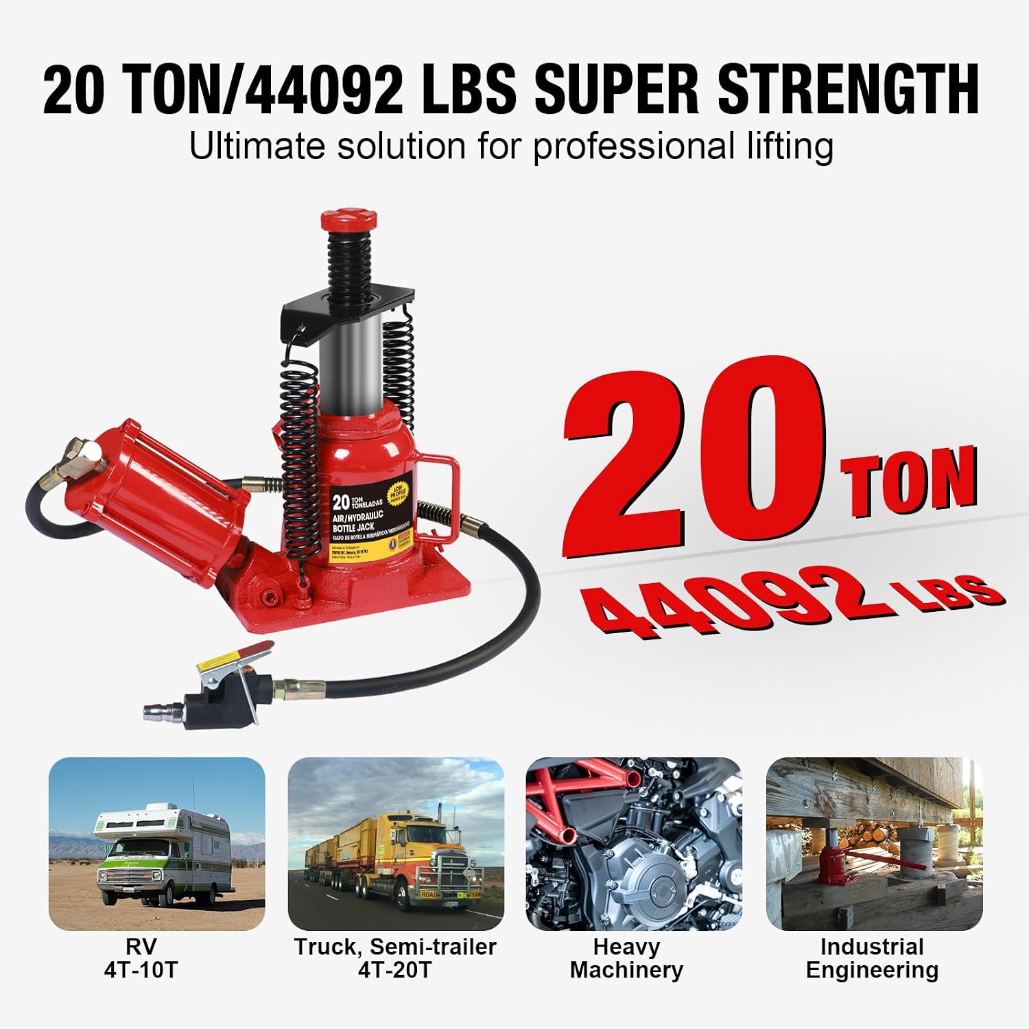 Big RED Air Jack, 20 Ton Hydraulic Bottle Jack, Lift Range 7-1/16" to 12-5/8", Low Profile Heavy Duty Jack with Dual-Power Operation, Adjustable Lift Range & Safety Valve - 20 Ton (40,000 LBS)