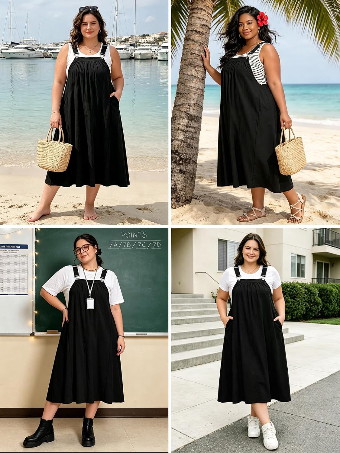 Moon Wood Plus Size Cotton Overall Dress for Women Casual Maxi Dress Adjustable Strap jumper dress with Pockets