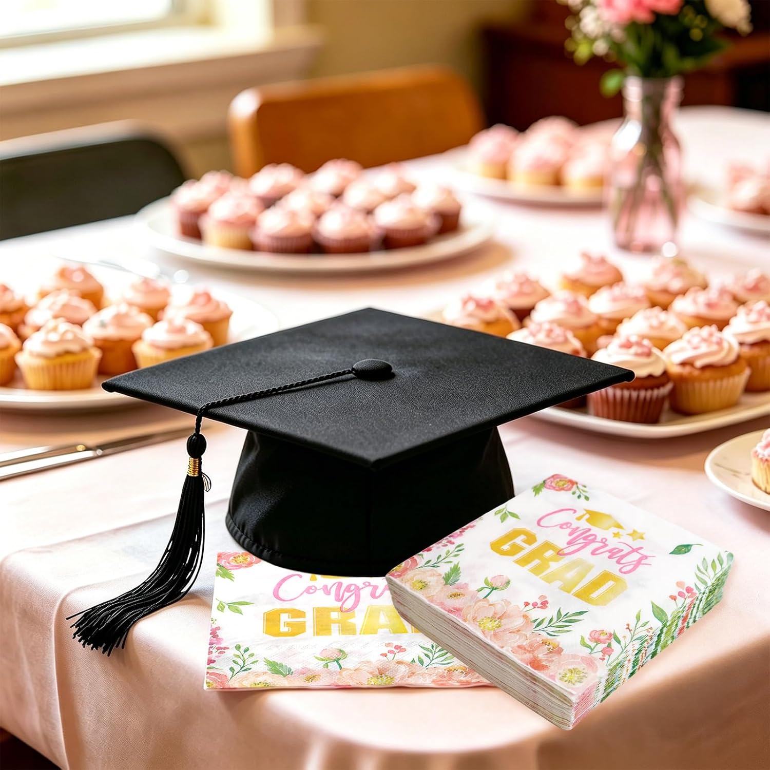 Fancy Land 50 Pcs Graduation Napkins Class of 2026 Floral Pink Graduation Decorations 2026 Grad Paper Cocktail Napkins for College High School Party Supplies