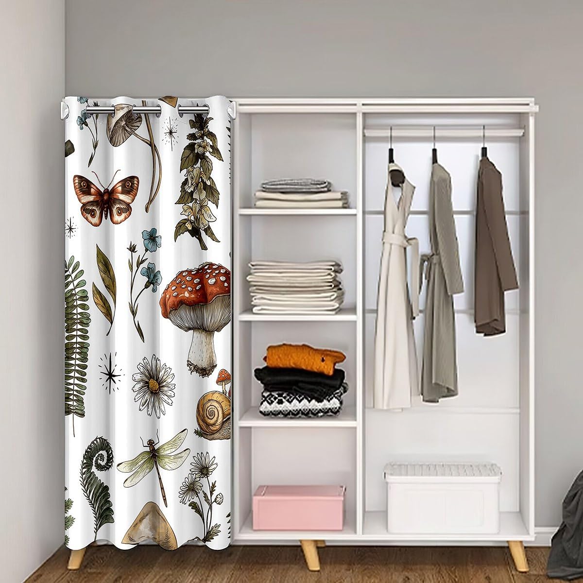 Mushroom Door Curtain 1 Panel 52" W X 80" L Wild Butterfly Dragonfly Botanical Leaves Doorway Curtain for Closet Door Outdoor Jungle Plants Natural Creature Door Drape for Bedroom Privacy