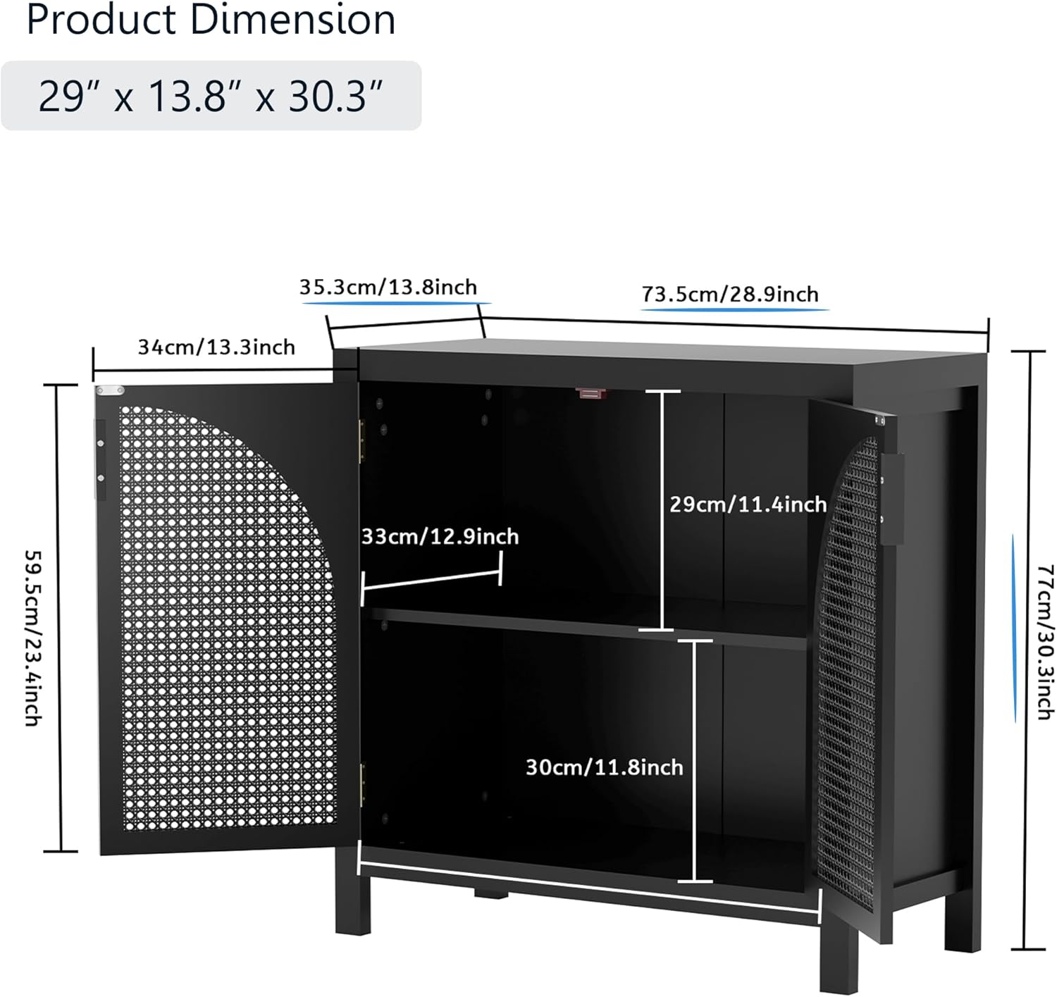 Buffet Sideboard Cabinets with Storage, Small Storage Cabinet with Artificial Rattan Door & Metal Handles, Modern Accent Console Table for Kitchen, Dining Room, Living Room, Entryway, Black
