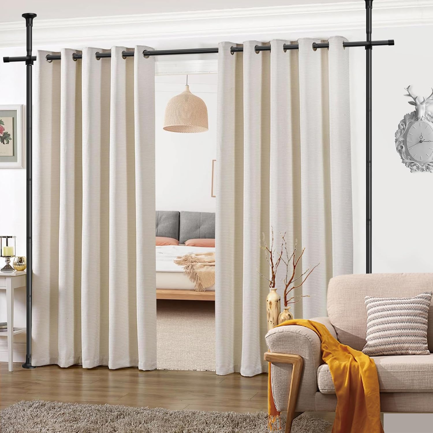 Room divider curtain rod?Expandable Room Divider, Tension Curtain Rod, Damage Free Freestanding Vertical Tension Stand, maximum extension W:70inch H:125inch (Black)