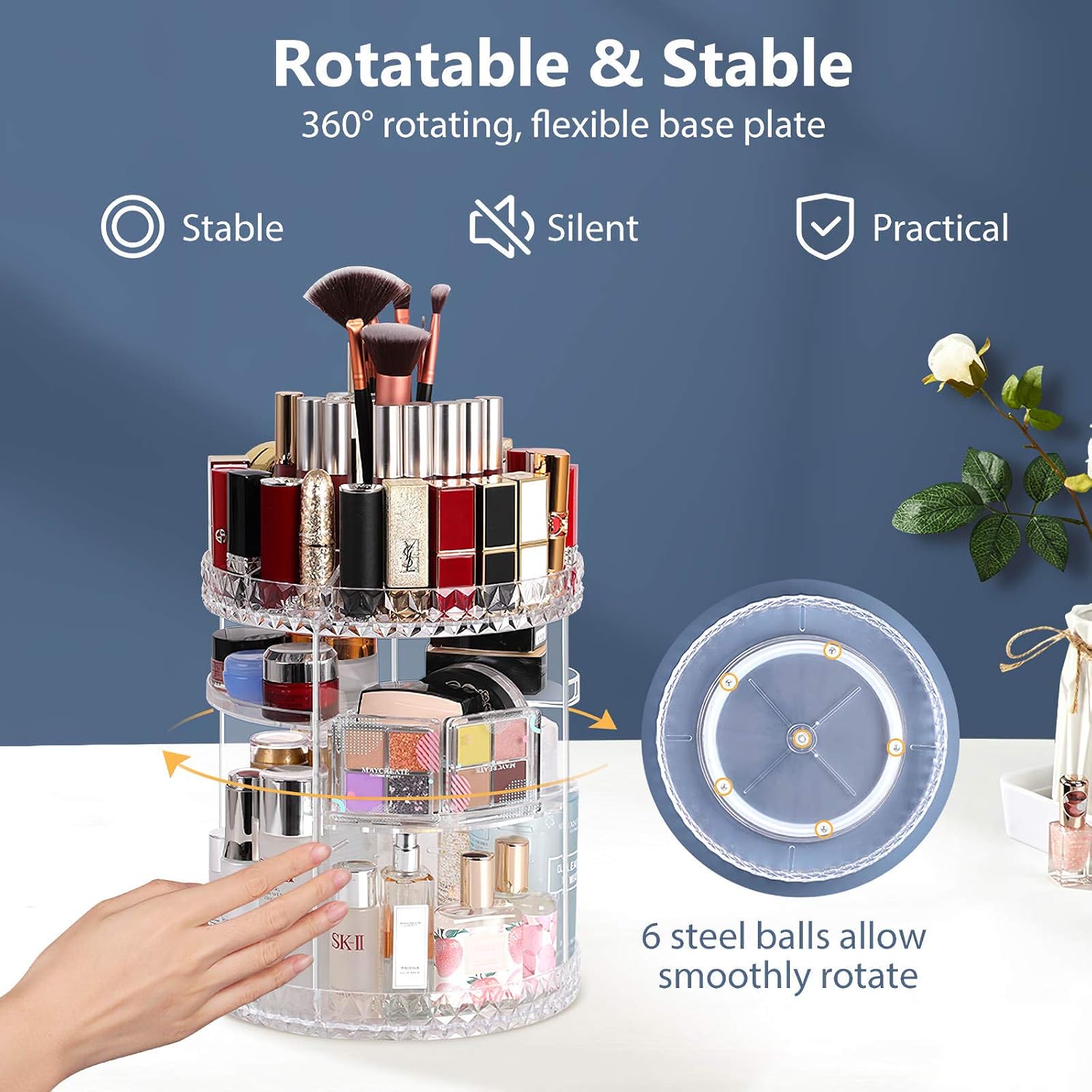 Syntus Makeup Organizer 360 Rotating, DIY Adjustable Bathroom Makeup Carousel Spinning Holder Rack, Large Capacity Cosmetics Storage Box, Fits Makeup Brushes, Lipsticks, Clear