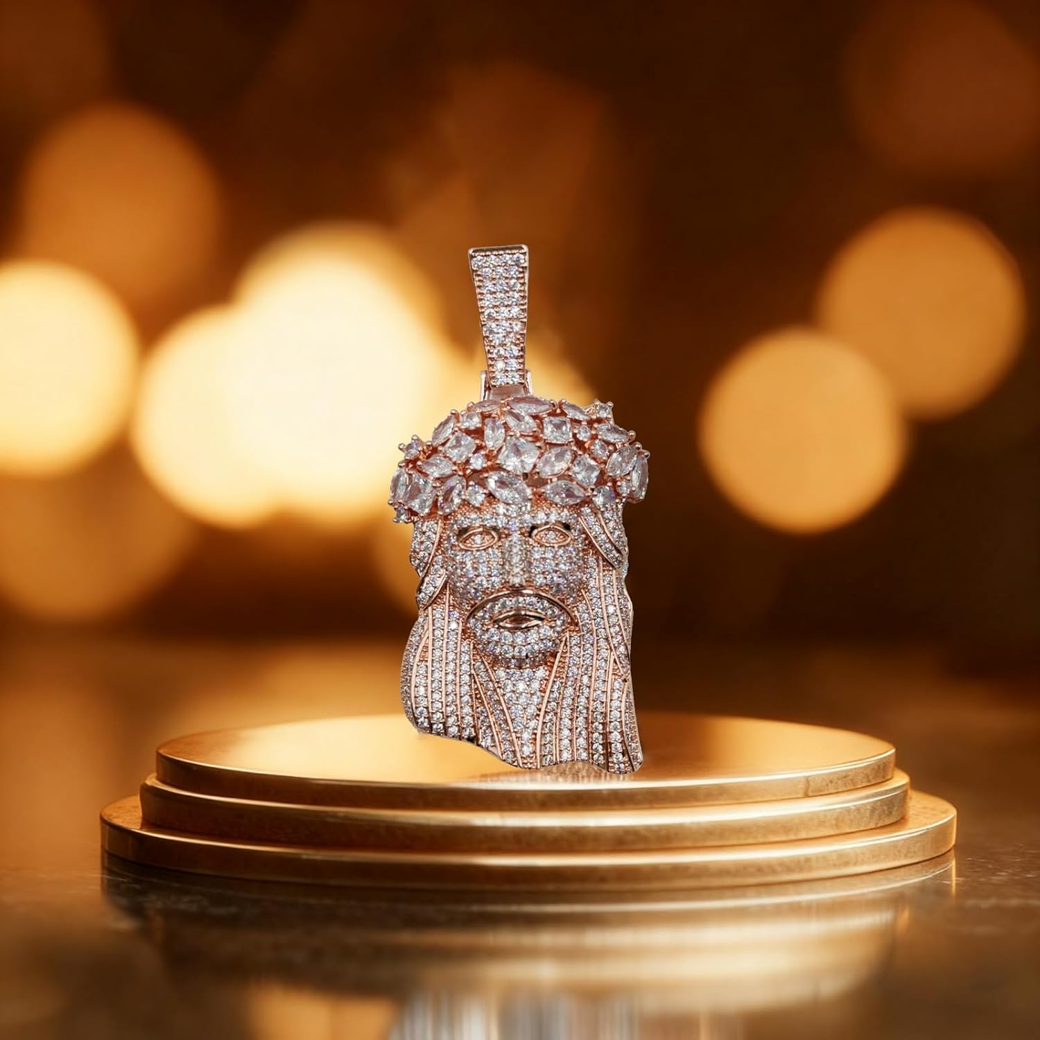 Iced Out Face Pendant Necklace with 24inch Rope Chain, Fully CZ Crystal Crown Pendant for Men Women, Sparkling Hip Hop Bling Jewelry Gift