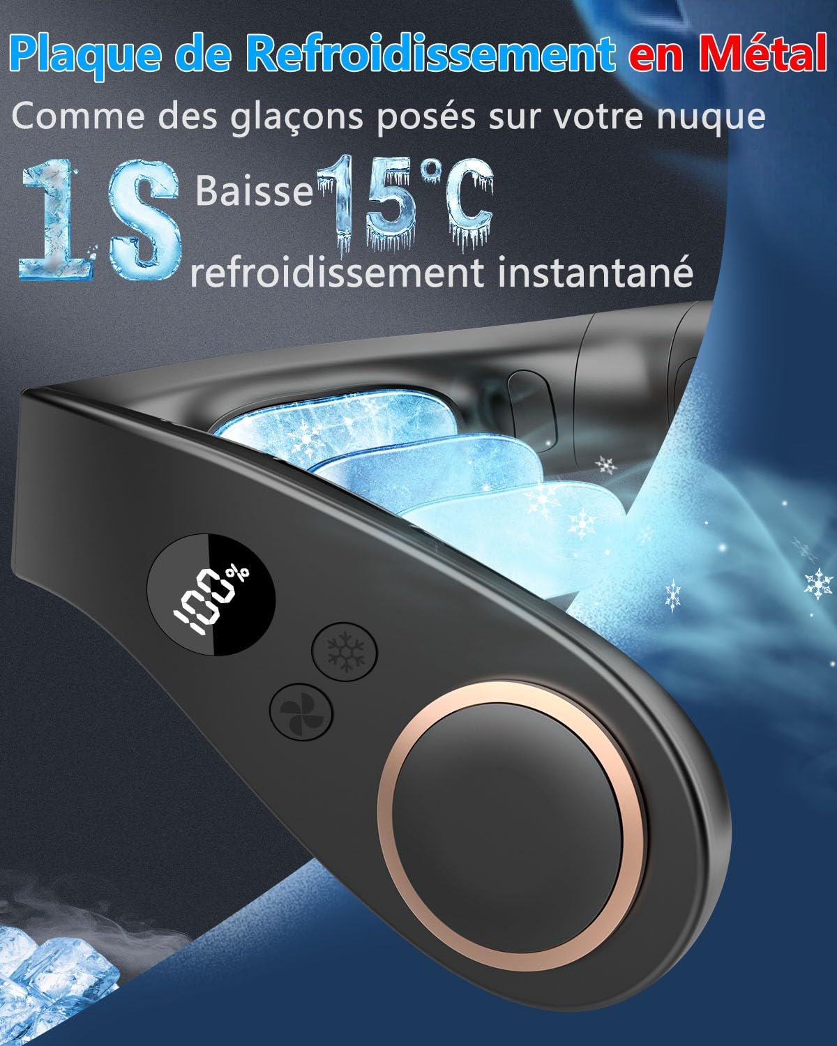Kouric Ventilateur de Cou Climatiseur Mobile, Ultra-Silencieux, Affichage LED, 3 Niveaux de Refroidissement(15℃/20℃/25℃), Batterie 5500mAh Autonomie Max 15 Heures, pour Enfant & Adulte Bureau Voyage