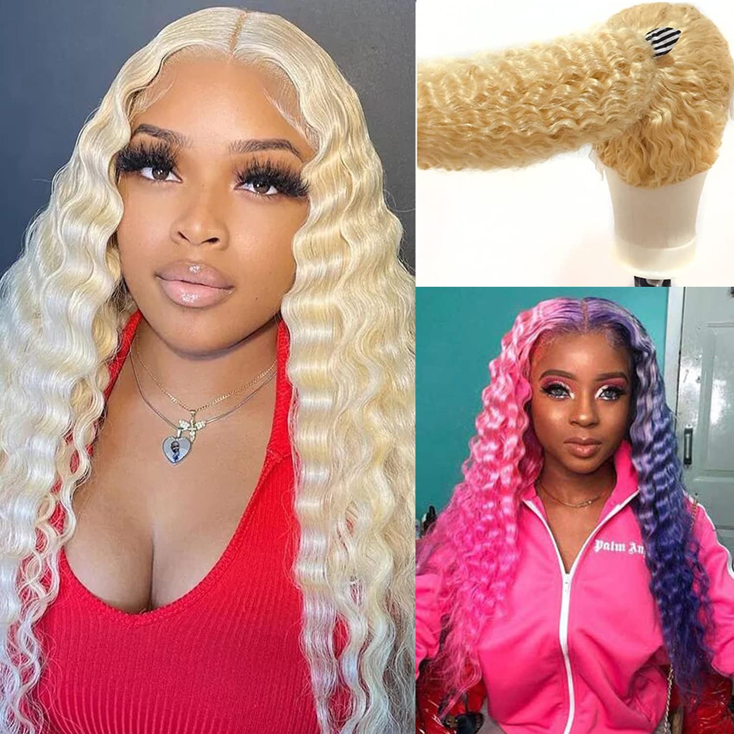 MMFZPHEIR Blonde 613 Deep Wave Human Hair Lace Front Wigs Pre Plucked with Baby Hair 18inch 150% Density 13x4 HD Transparent Deep Wave Curly 613 Lace Frontal Wig for Black Women