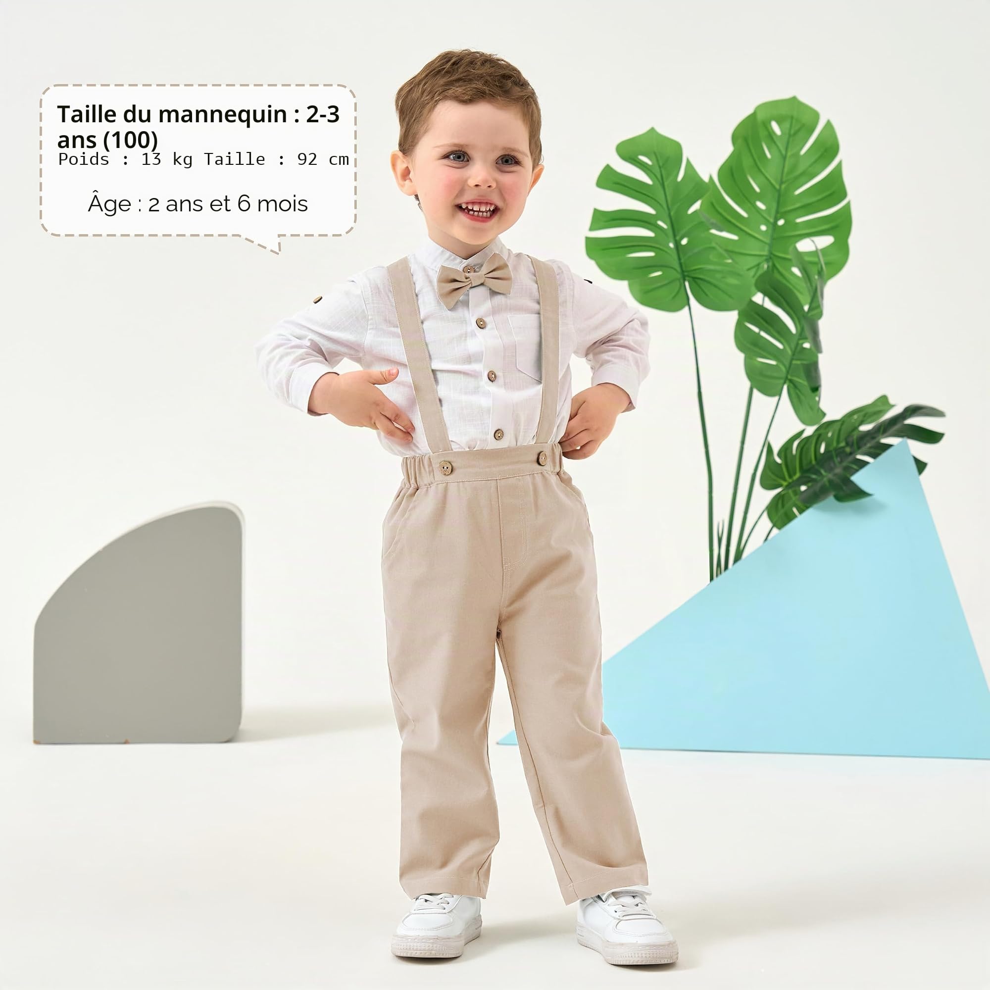 Volunboy Ensemble Costume Bébé Garçon, Coton Lin Cérémonie Formel Mariage 4 Pièces Noeud Papillon Chemise + Pantalon Bretelle