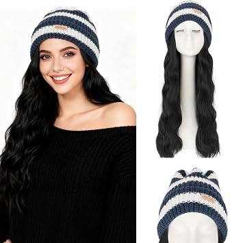 Benehair Beanie Wig for Women with Hair Attached 11 Straight Synthetic Hair Extensions Knitted Beanie Cap Keep Warm in Winter Christmas Gifts Jet Black