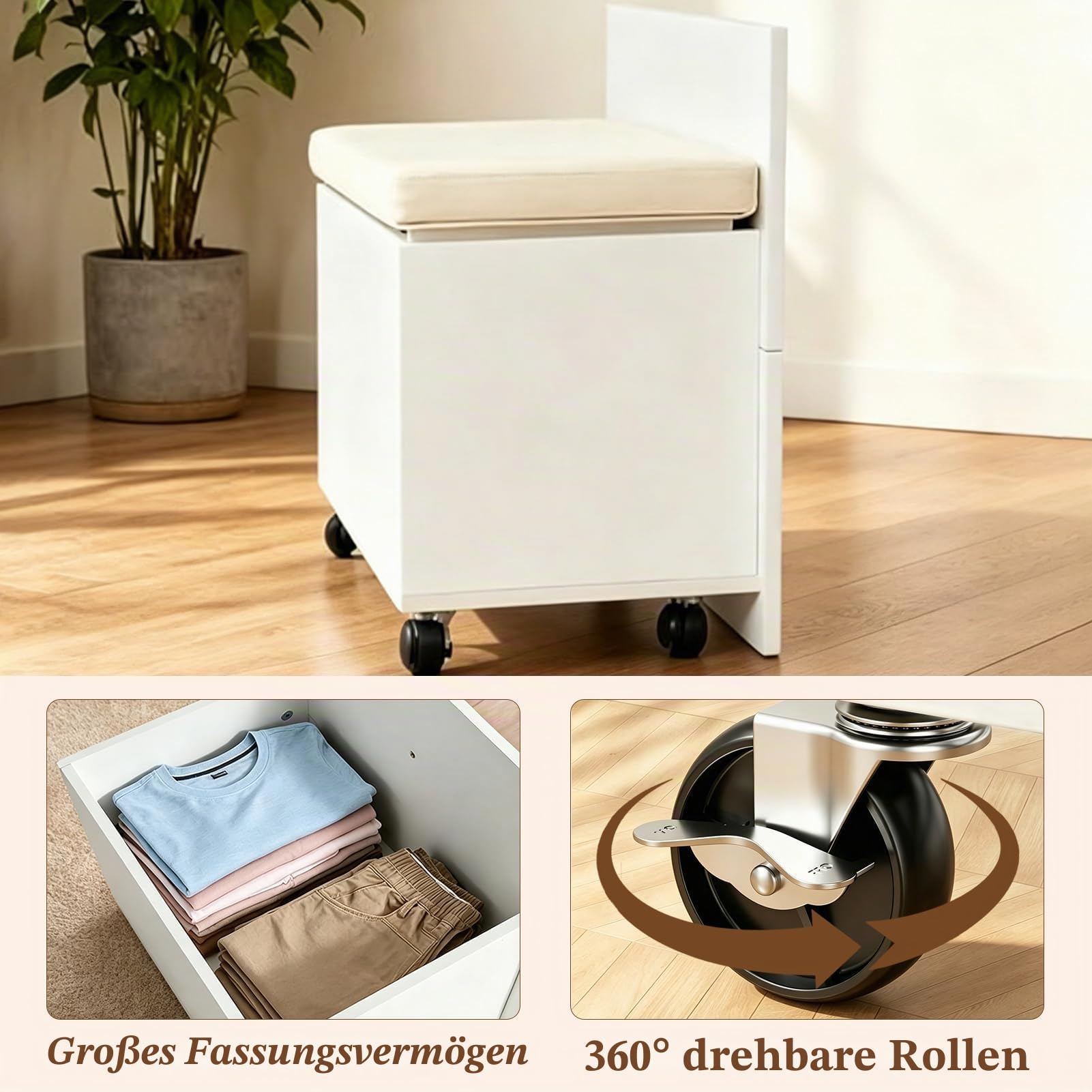 Kleiner Schminktisch mit Beleuchtung, Schminkkommode Schmal mit Klappspiegel, 3 in 1 Frisiertisch mit 3 Farben & Hocker, Kosmetiktisch 2 Schubladen, Sichtbarer Glasplatte für Kleine Räume (Weiß)