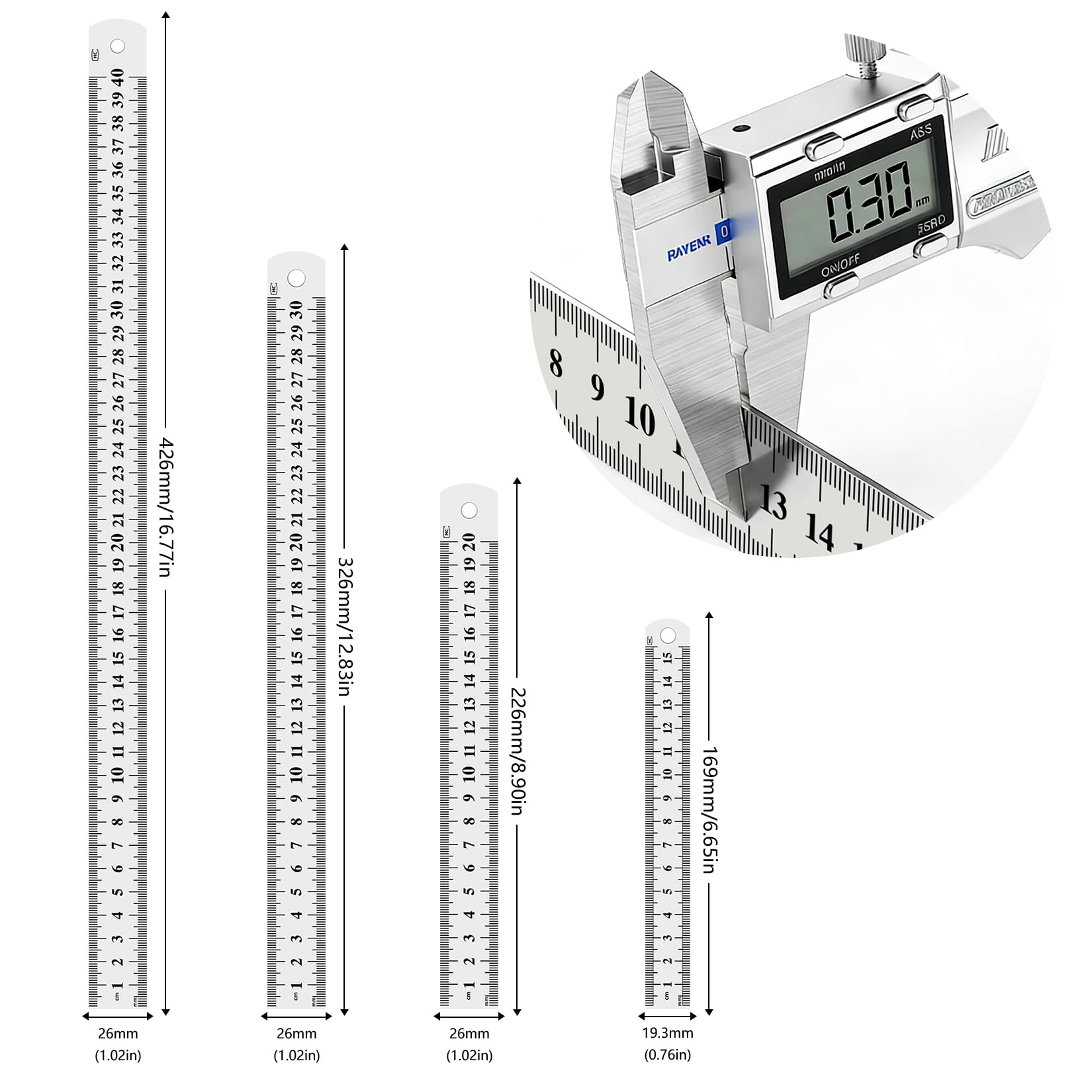 Righello in Acciaio Inossidabile 5 Pezzi 15/20/30/40 cm Metallo Scala Bifacciale