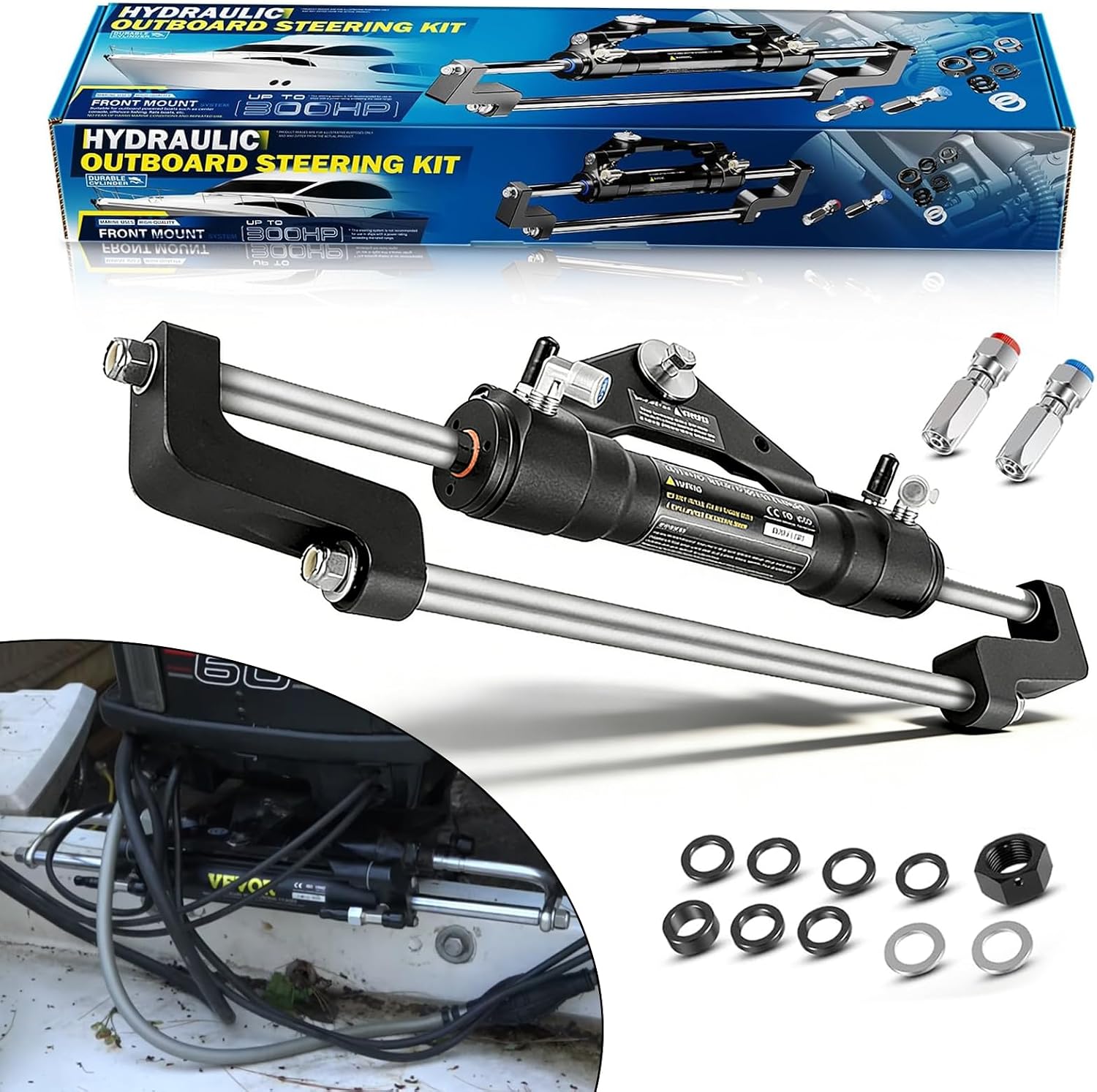 for SeaStar Outboard Steering Cylinder HC5345-3 with ORB Fittings,Front Mount Compatible with Boats Up to 300HP