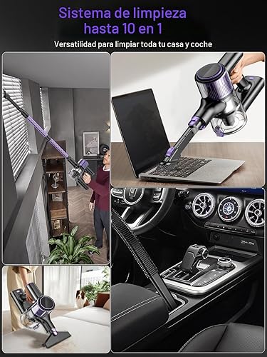 Miniatura 8 de Aspiradora inalámbrica, aspiradora de palo 10 en 1 con potente succión, manguera, luz LED verde, cepillo antienredos, aspiradora recargable ligera