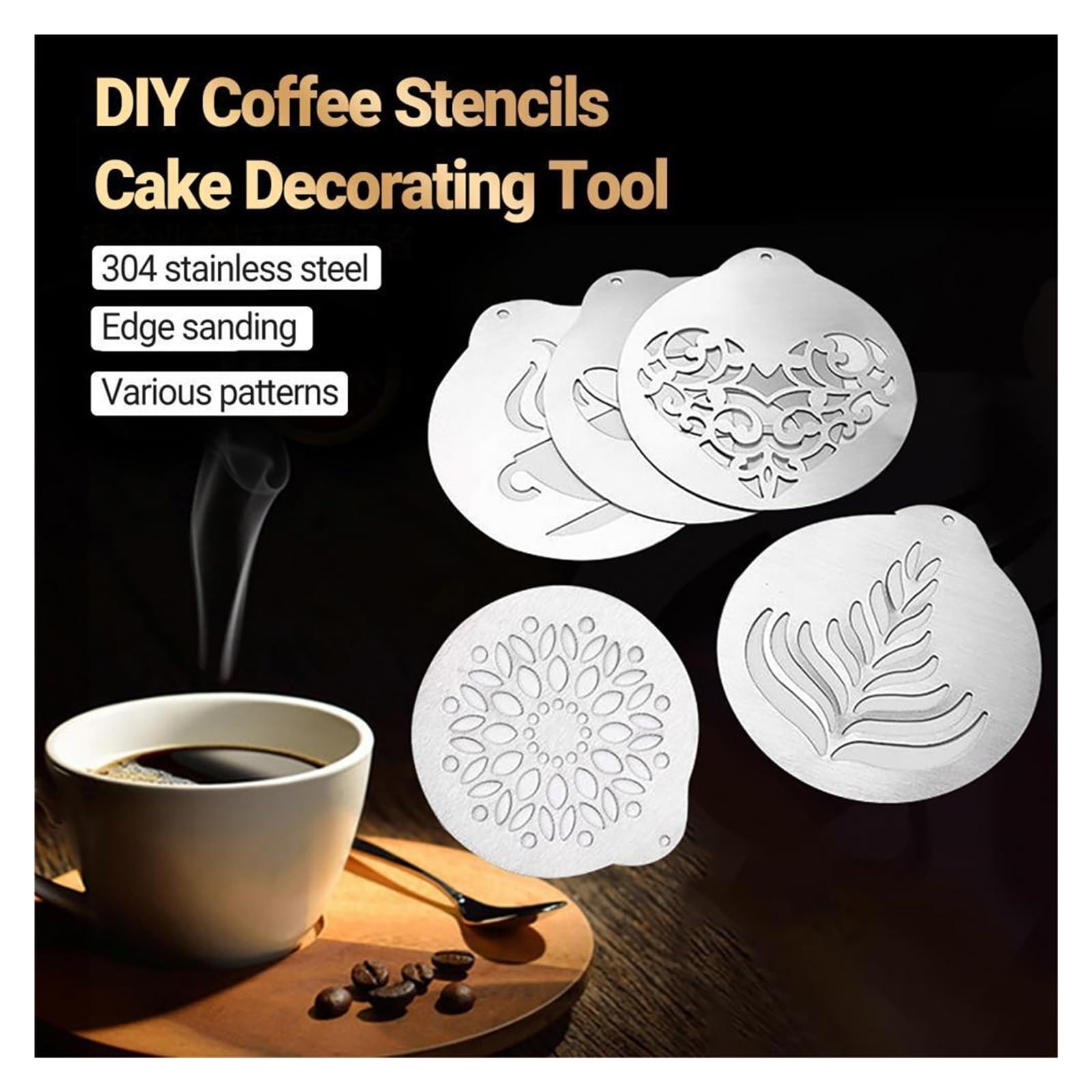 Pochoirs à café, modèle de gâteau en mousse, dessin, moule Cappuccino, outils tamis poudre, 5 pièces