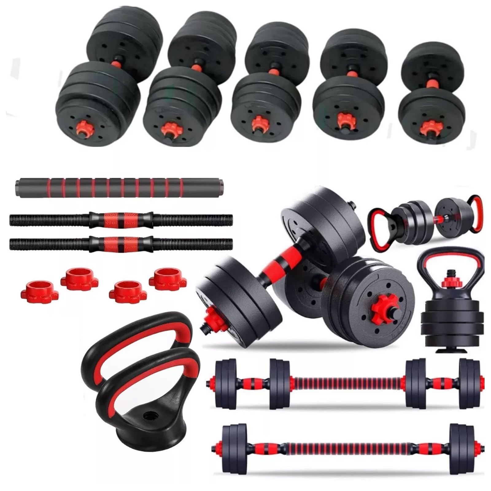 6 in 1 Dumbbell Adjustable Weight Lifting Barbell Bar Kettlebell Weights Set | Bodybuilding Barbell Bench Press Exercise Fitness Training Home Gym Workout Dumbbells Set (50, Kilograms)
