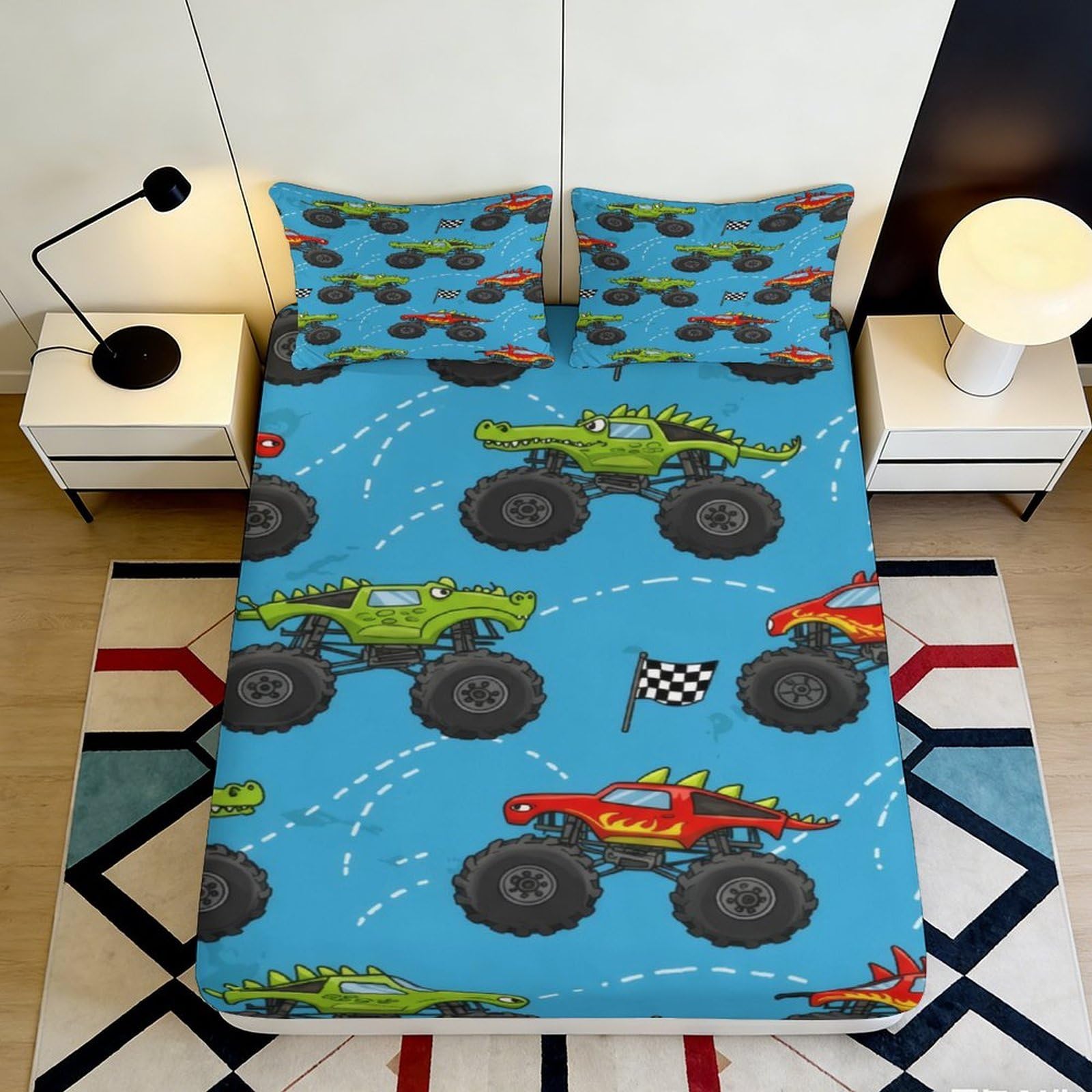 Jqzkxnhpbr Style-6 3D Printed Monster Truck Fitted Sheet Microfiber Soft Blue Racing Bed Cover For Bedroom Dorm Mattress Protection Decor 90X200x25cm