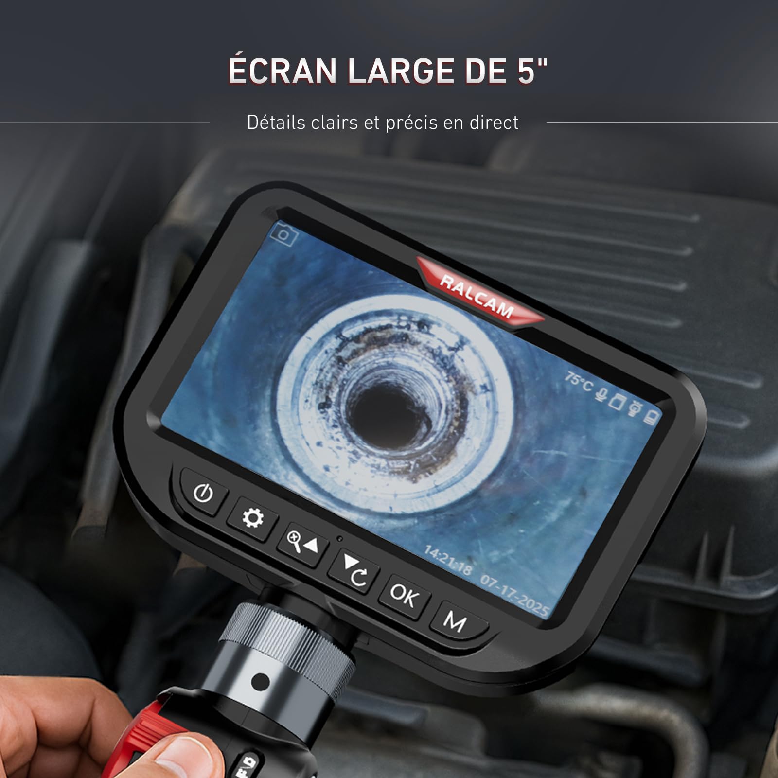 Ralcam Caméra Endoscopique avec Lumière, Tête Rotative à 210°, Sonde 3.9 mm, Écran HD 5", IP67 Étanche, Câble Serpentin en Acier INOX 1,5 m, Caméra d’Inspection pour Voiture, Tuyaux et Maison