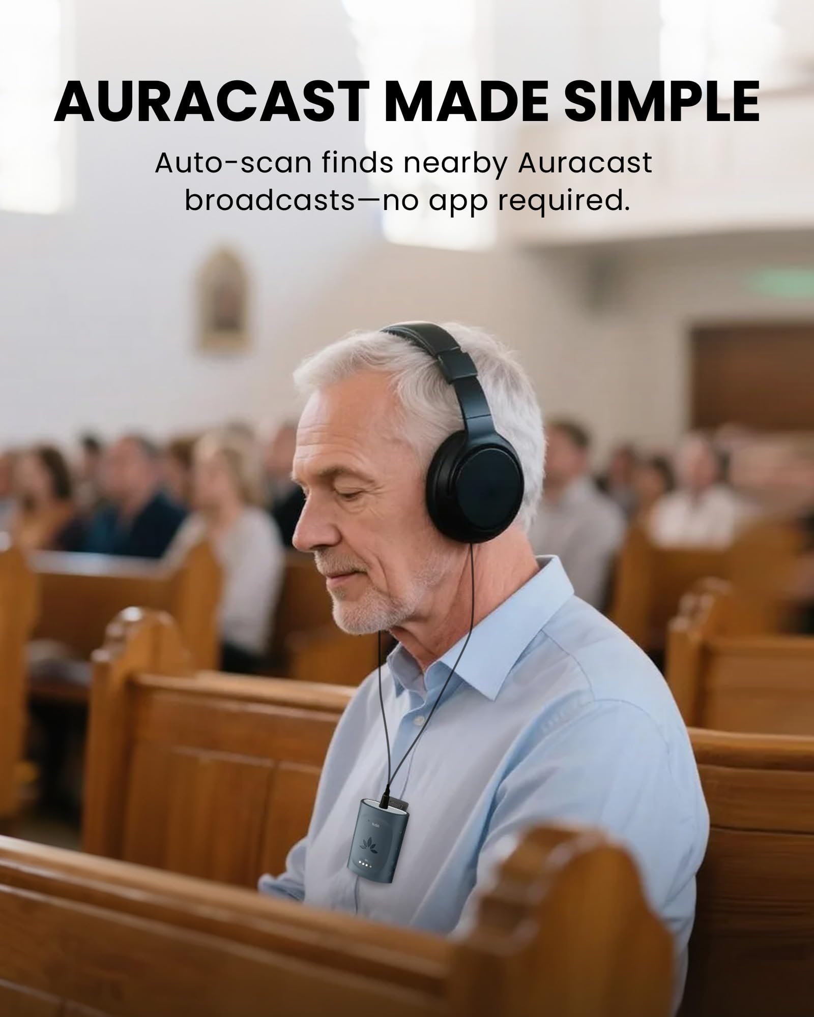 Avantree AuraClip – Auracast Empfänger für Kirchen, Theater & öffentliche Bereiche, ermöglicht Nutzung von 3,5mm Kopfhörern mit Auracast Broadcast-Audio, Clip-on Design, 16 Std. Akku, 100 m Reichweite