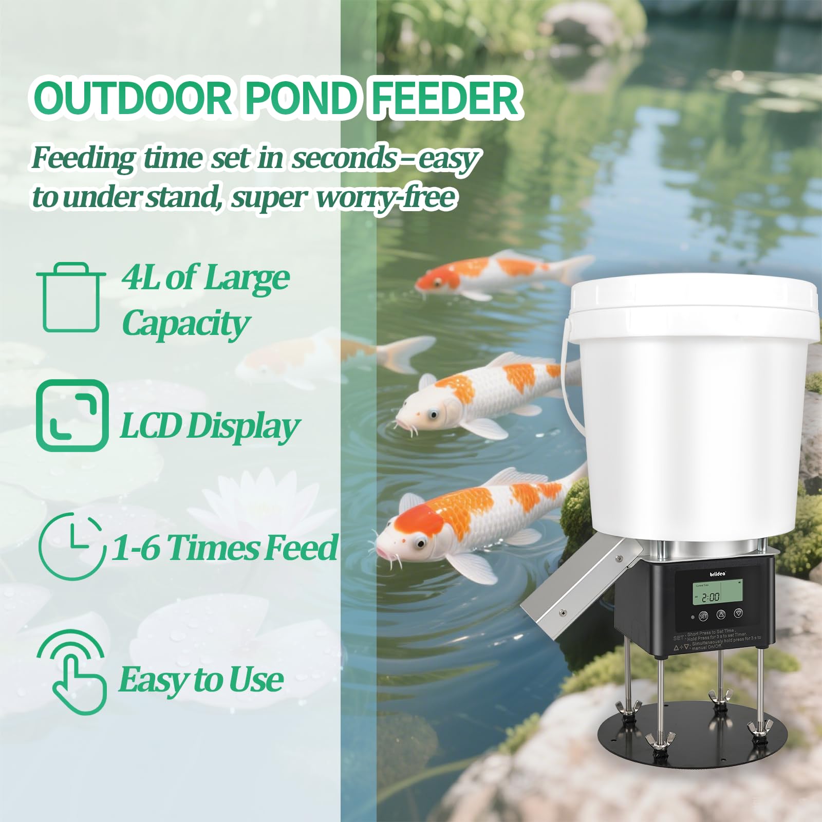 briidea - Comedero automático de peces para estanque, comedero de estanque al aire libre con capacidad de 4 litros, alimentación temporizada, sistema antiobstrucción, diseño a prueba de vida silvestre