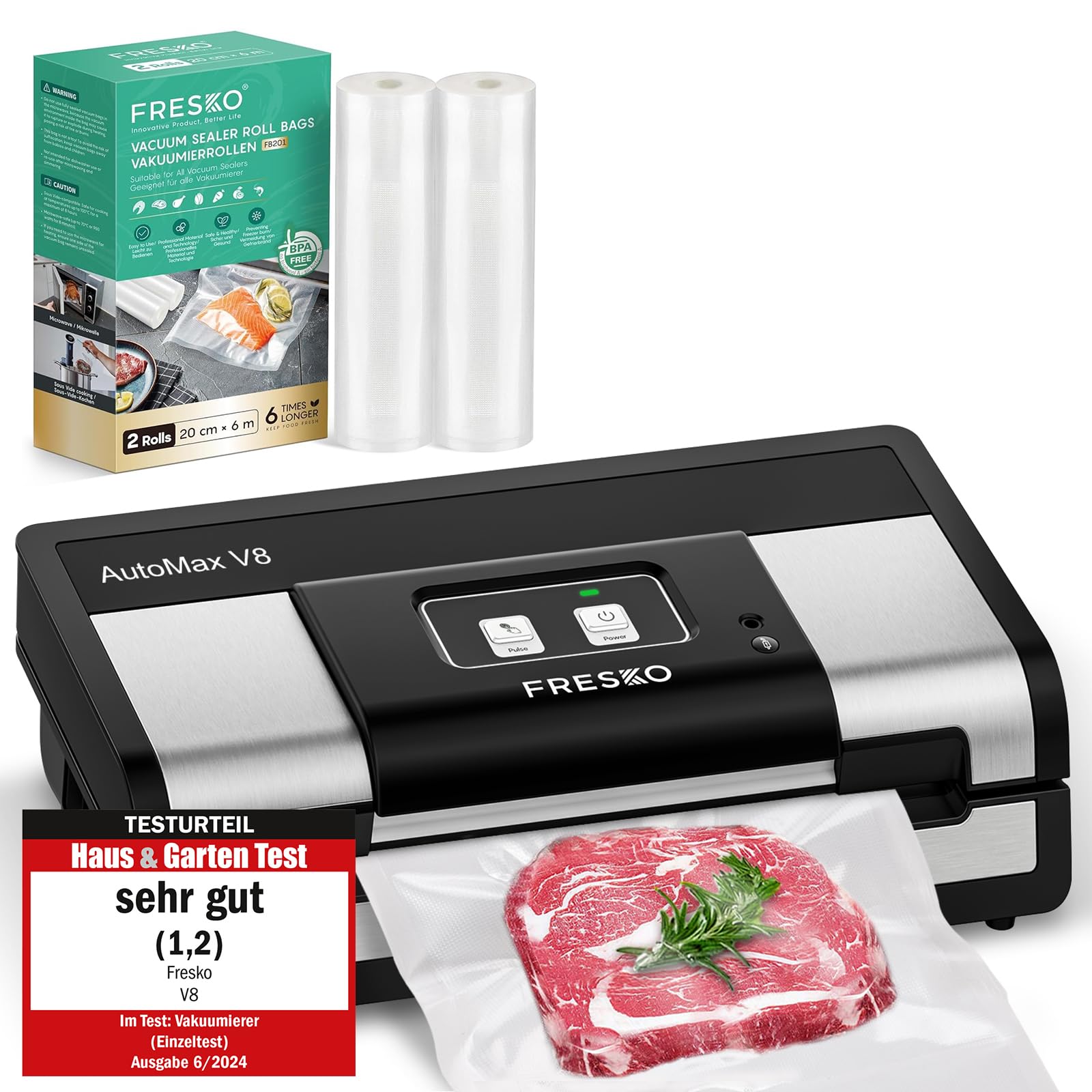 FRESKO Testsieger Vakuumier-Set Automatisches Vakuumiergerät (18L/min, Note 1,2) mit 2 Zusatz-Rollen 20cm x 6m & Aufbewahrungsbox Ideal für kleine Portionen, inkl. 2 Rollen (20+28cm)