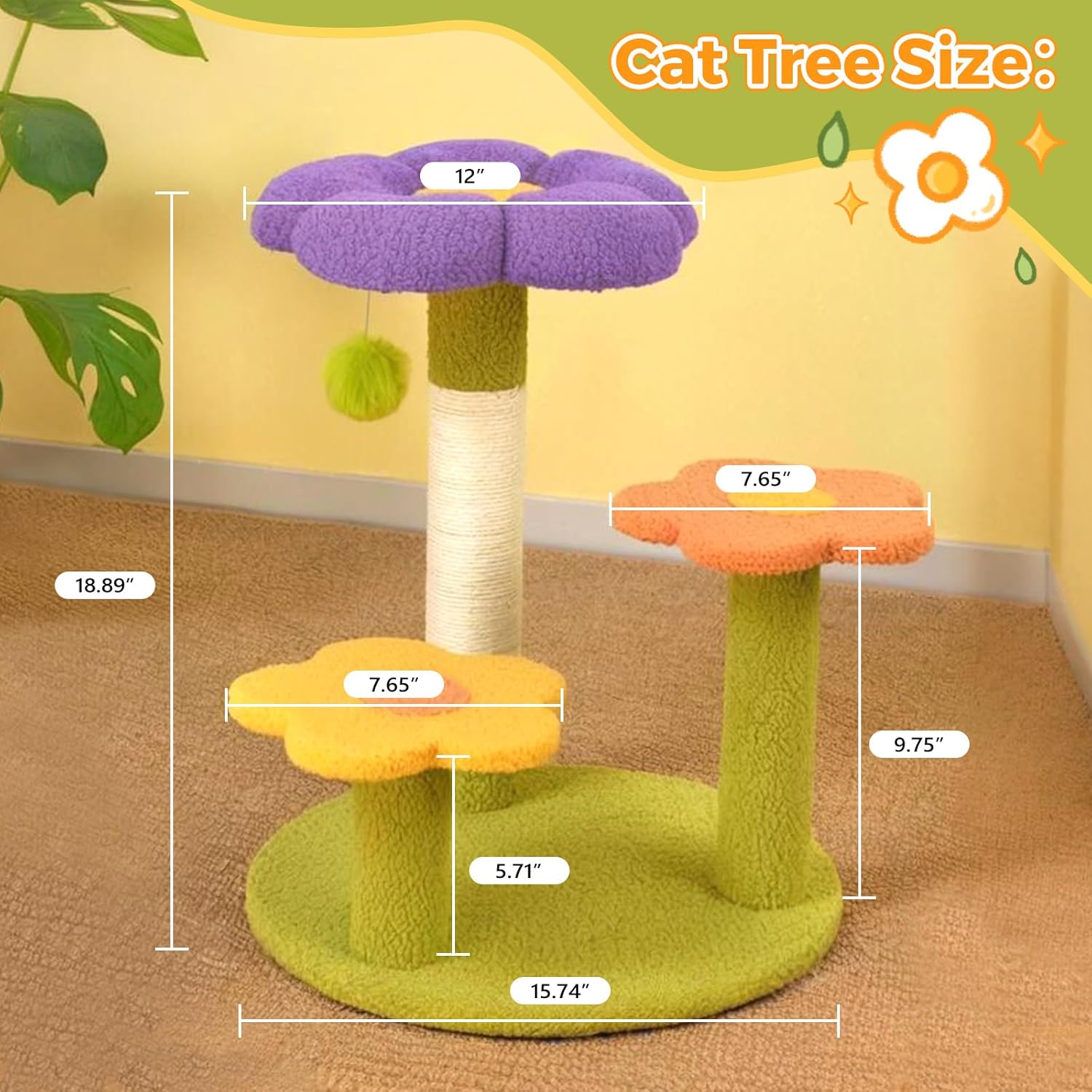 Flower Cat Trees, Flowers Scratching Post Kitten Tree 18" High 3-PLY Cat Tower, Cozy Fluffy Cute Cat Condo for Kitten Indoor Activity