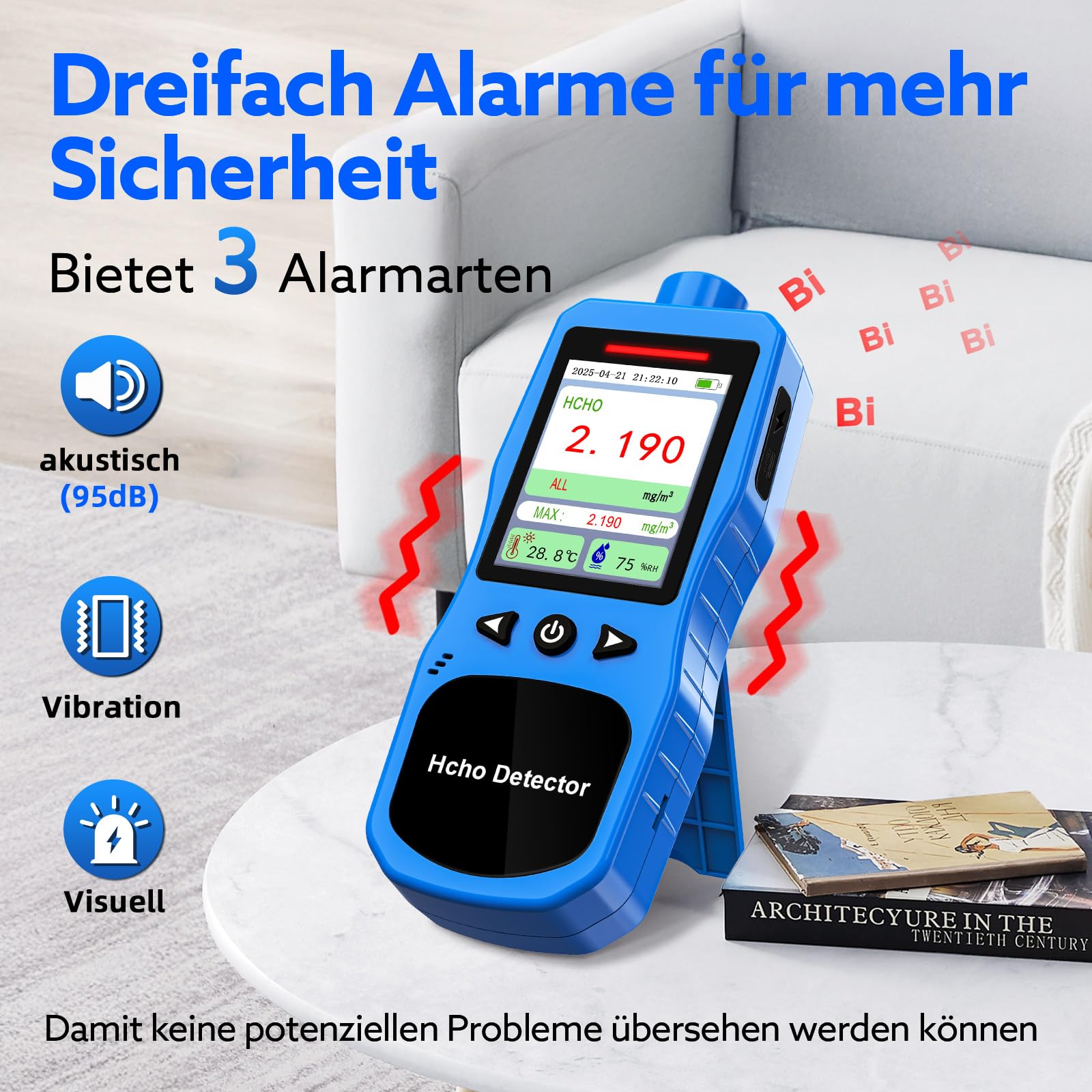 Formaldehyd Messgerät, Wiederaufladbarer HCHO Monitor mit Alarm, Temperatur und Luftfeuchtigkeitsmesser, Formaldehyd Detektor Luftqualitätsmesser für Zuhause und Arbeit