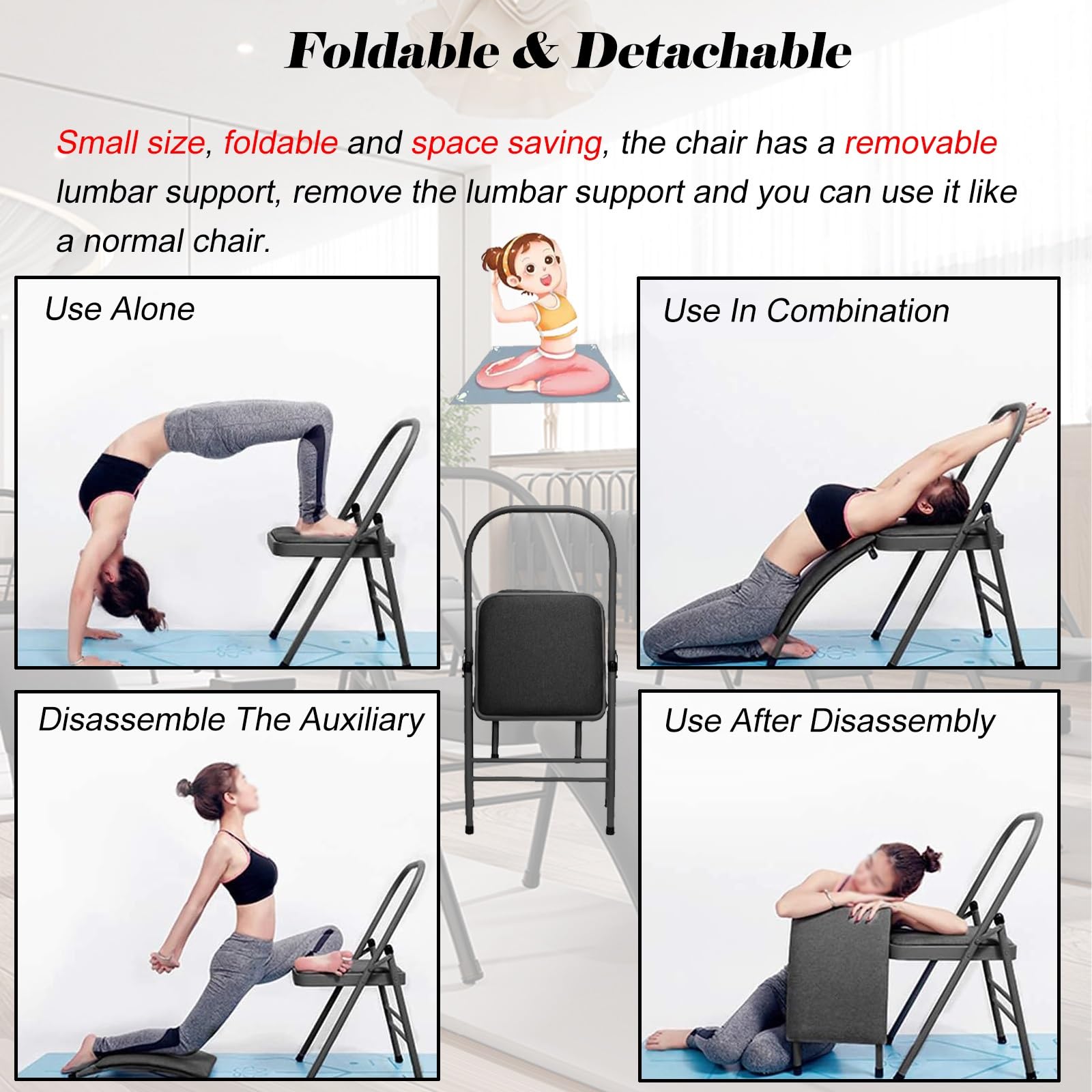Sedia Yoga Attrezzo per L'allenamento Ad Inversione Dell'equilibrio con Supporto Lombare Rimovibile 12 in, Sedia Pieghevole di Assistenza allo Yoga, Sedia Yoga per Palestra/Casa