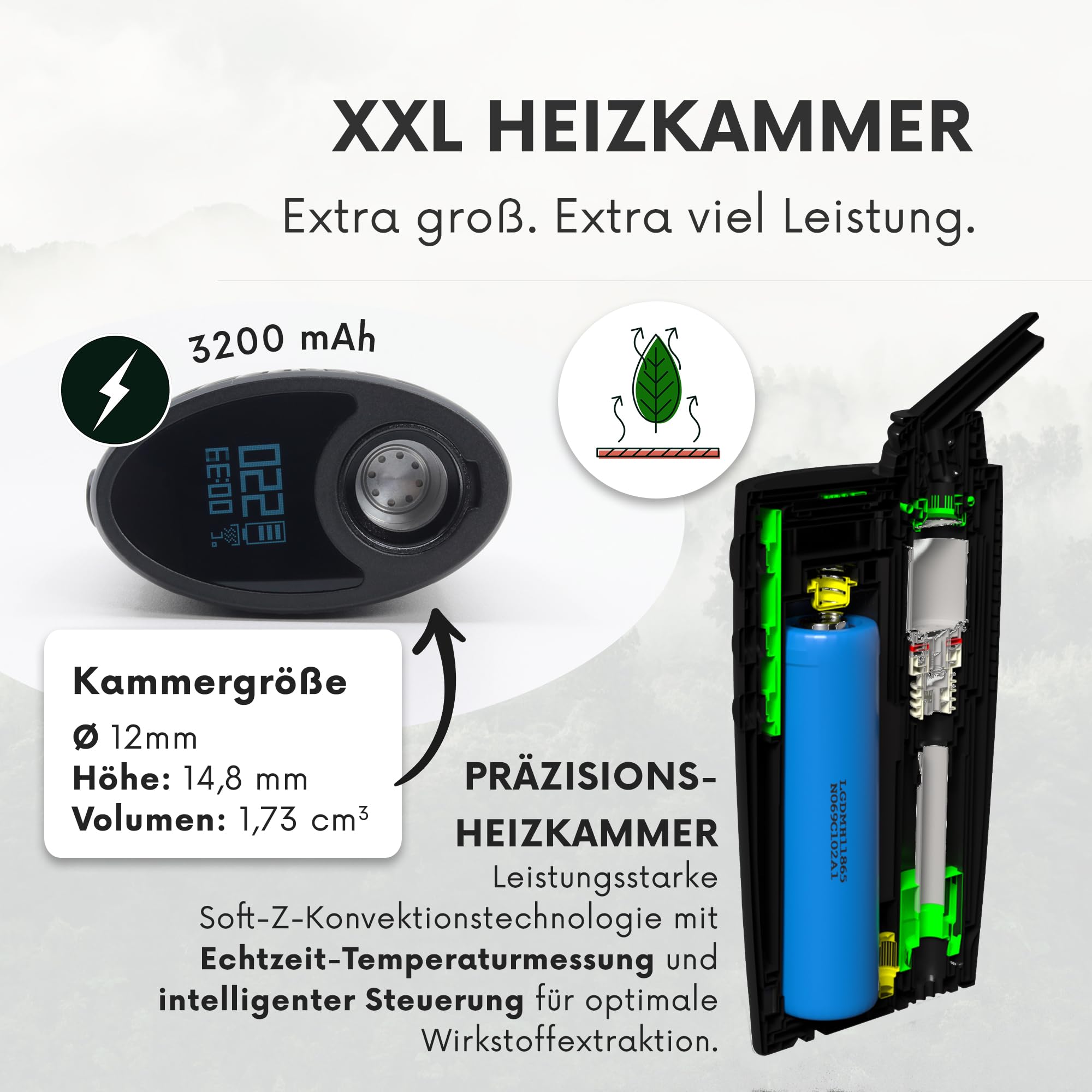 HIZEN Convectum Kräuter Vaporizer – Premium Verdampfer für Kräuter mit echter Konvektion, 80–220 °C stufenlos, USB-C Wechselakku (18650 LG), LED-Display, Endlos-Timer, Aromatherapie, Schwarz
