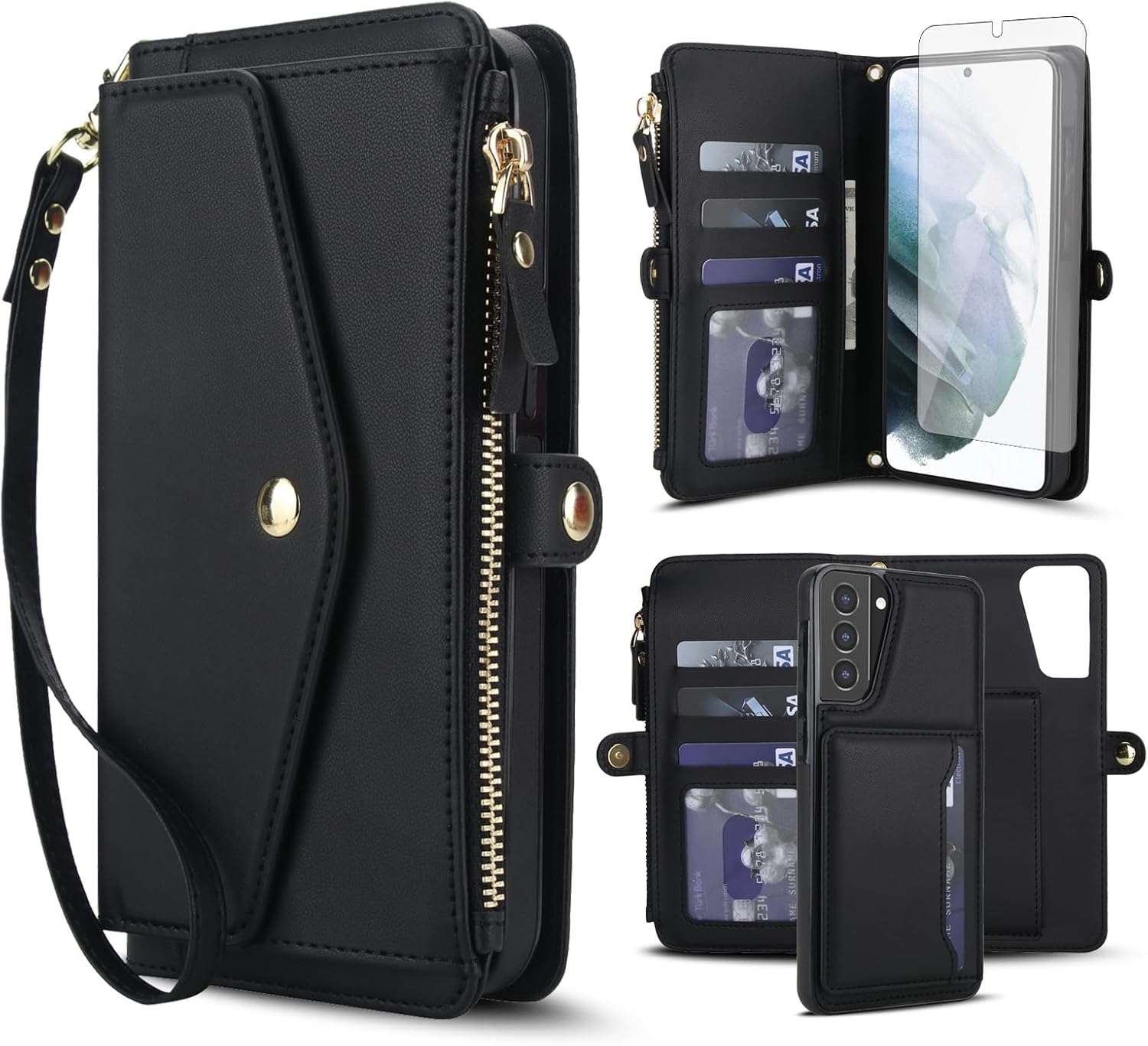 Asuwish Phone Case for Samsung Galaxy S21 5G 6.2 inch Wallet Cover Compatible with Magsafe RFID Screen Protector Crossbody Lanyard Strap Flip Card Holder Slot Zipper Cell Purse S 21 21S G5 Black
