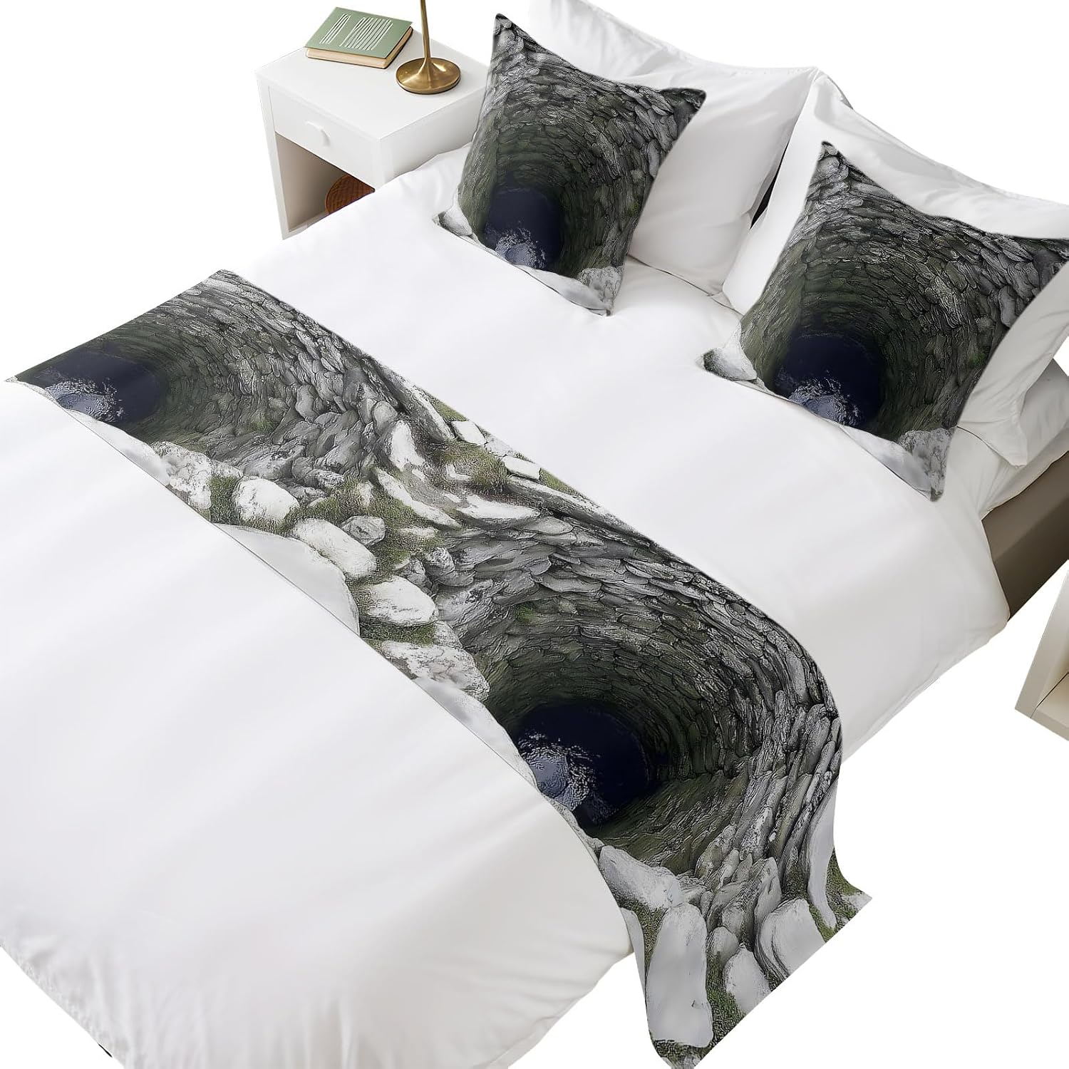 Deep Well Bed Runners for Full/Queen Size Bed, Cave Opening Rustic Mystical Natural Bedroom Hotel Wedding Room Bedding Scarf Protector Beds Scarves Throw for Foot and Pillowcase Set 18x18in